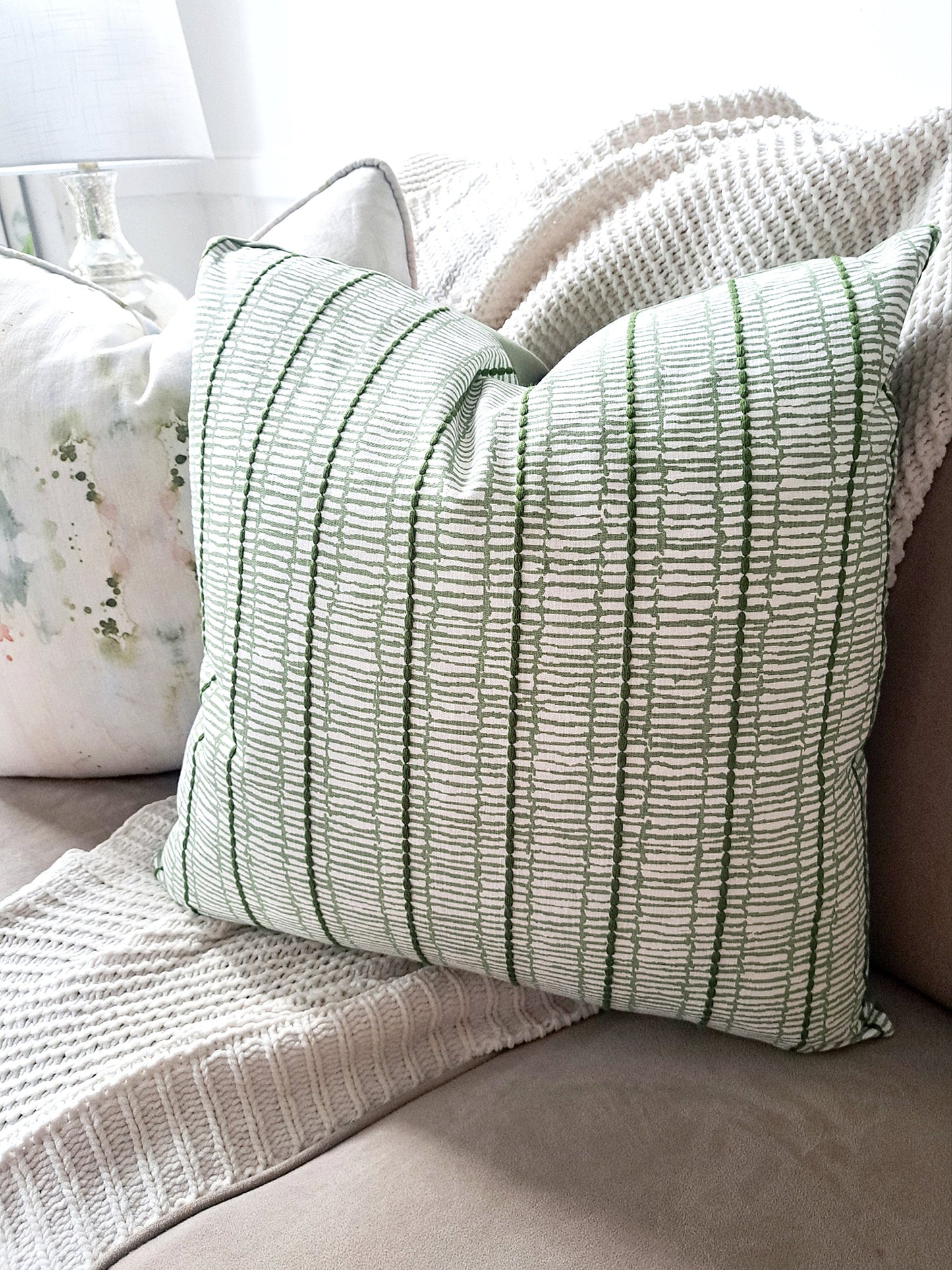 Earthy Linen Embroidered Stripe Pillow Cover