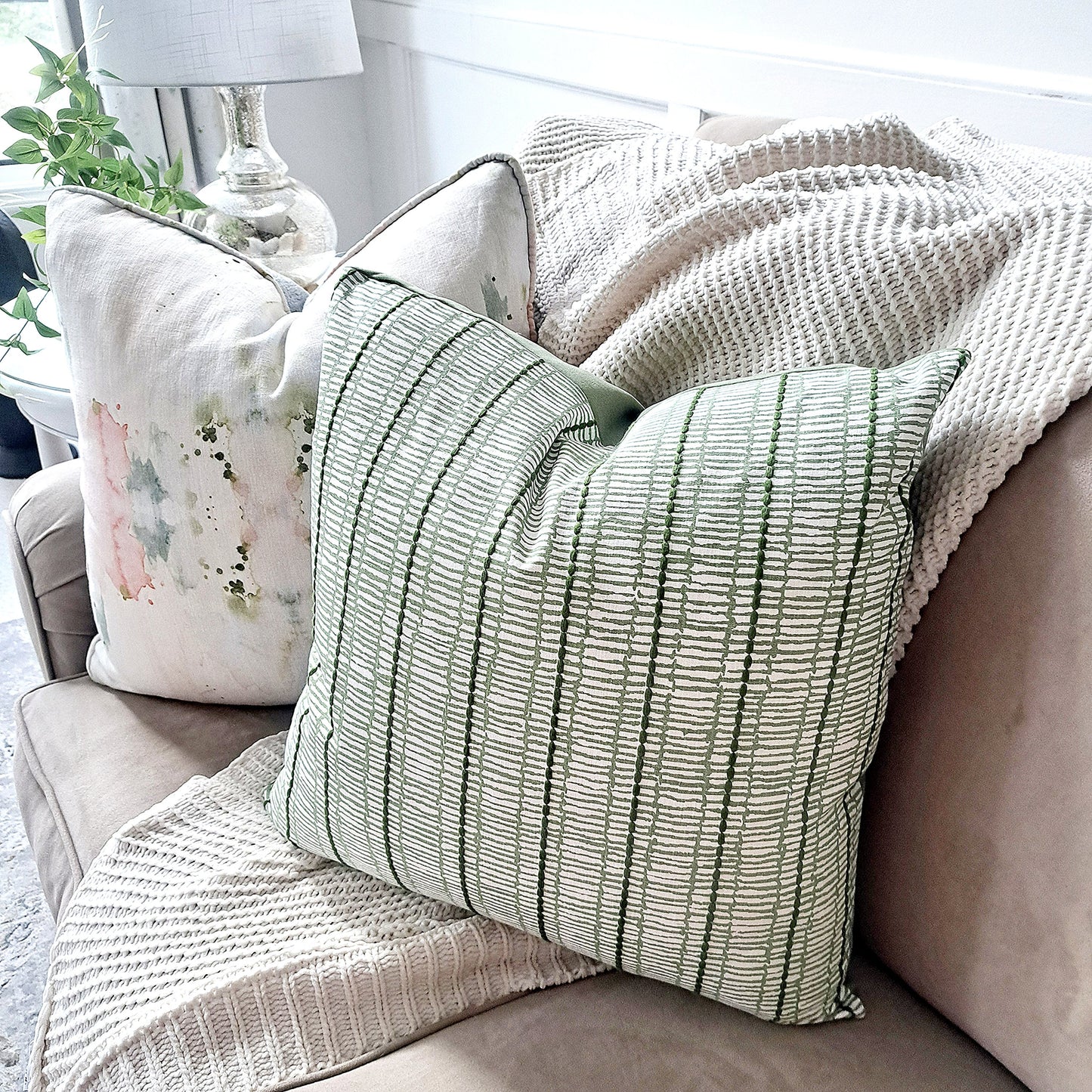 Earthy Linen Embroidered Stripe Pillow Cover