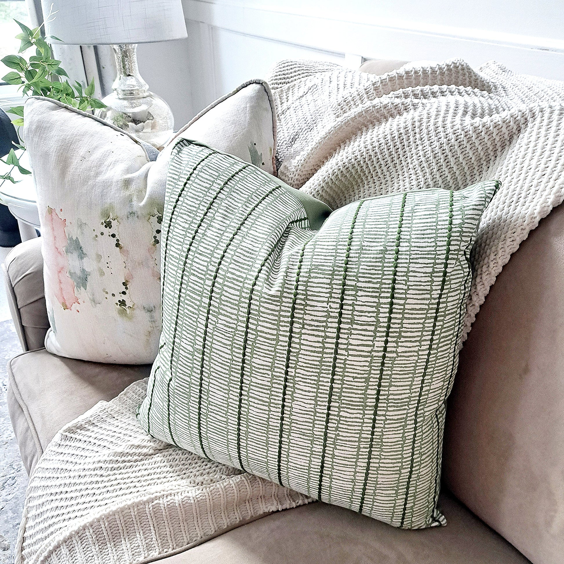 Earthy Linen Embroidered Stripe Pillow Cover