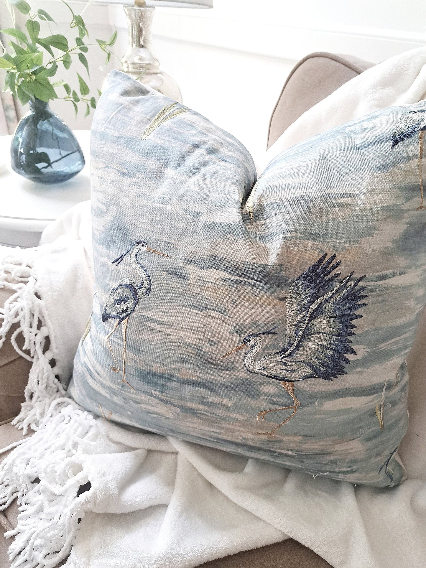 Embroidered Bird Ocean Blue Pillow Cover