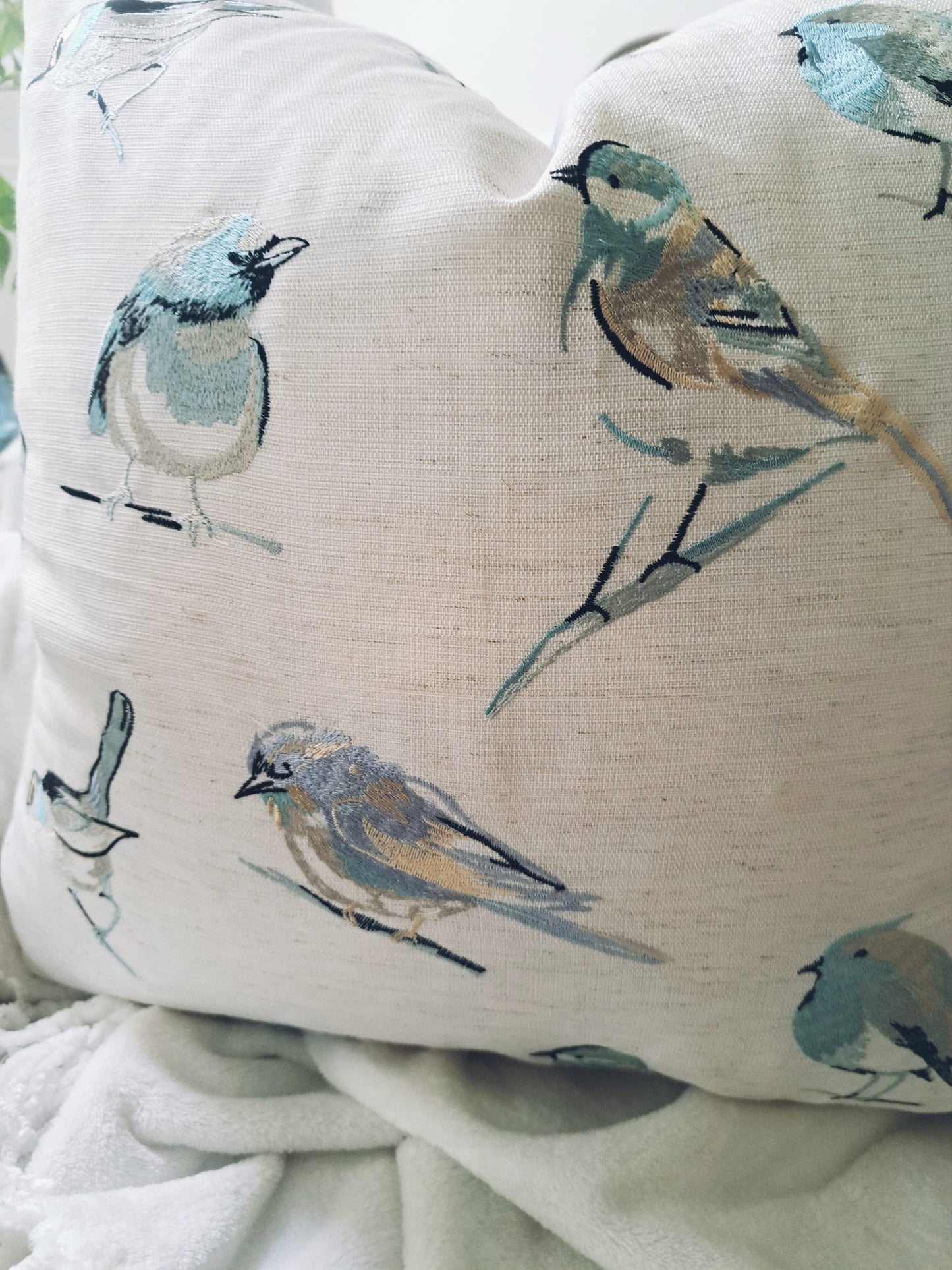 Embroidered Blue Bird Pillow Cover