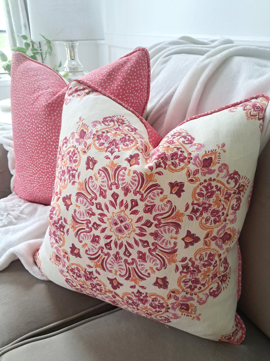 Pink and Orange Damask Print Pillow Cover