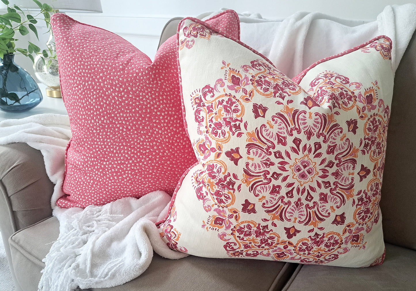 Pink and Orange Damask Print Pillow Cover