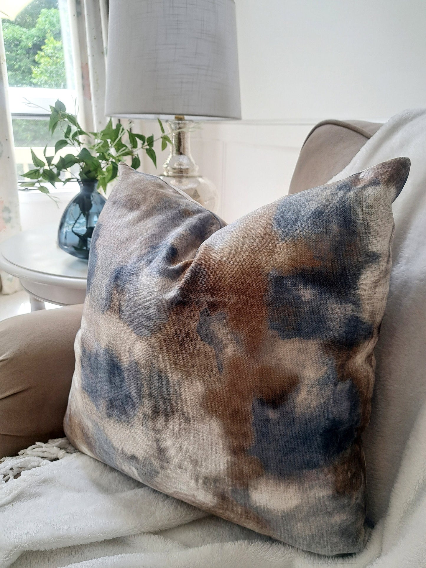 Abstract Blue Cream Brushed Velvet Pillow Cover