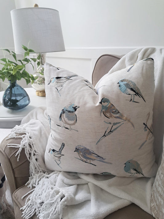 Embroidered Blue Bird Pillow Cover