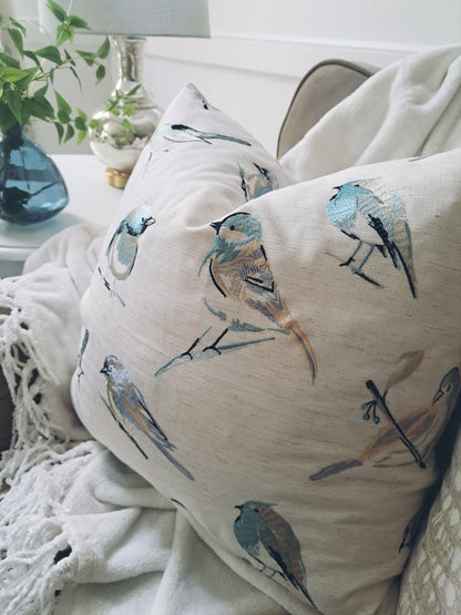 Embroidered Blue Bird Pillow Cover