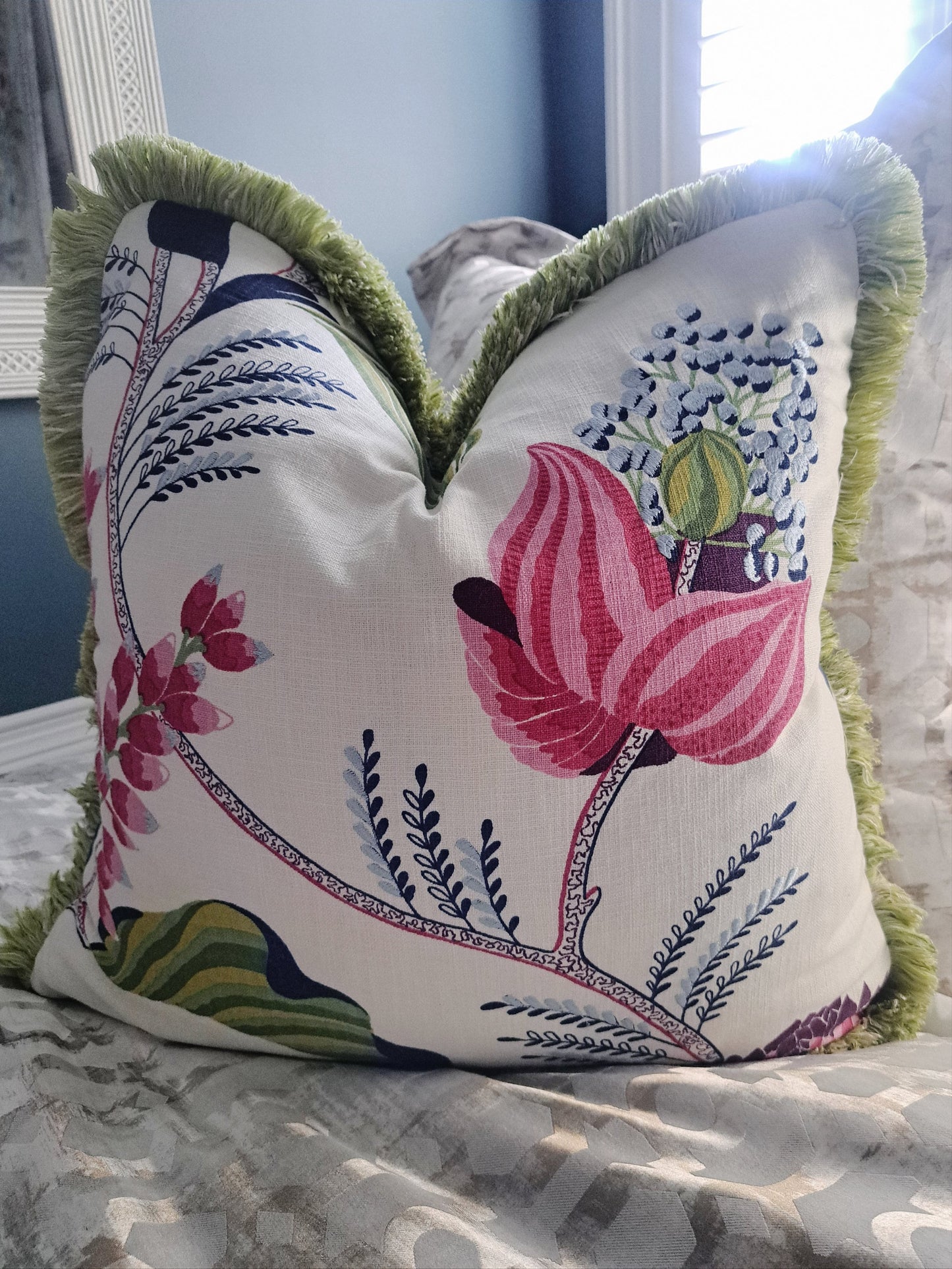 Embroidered Graphic Floral Pink Fuchsia Pillow Cover