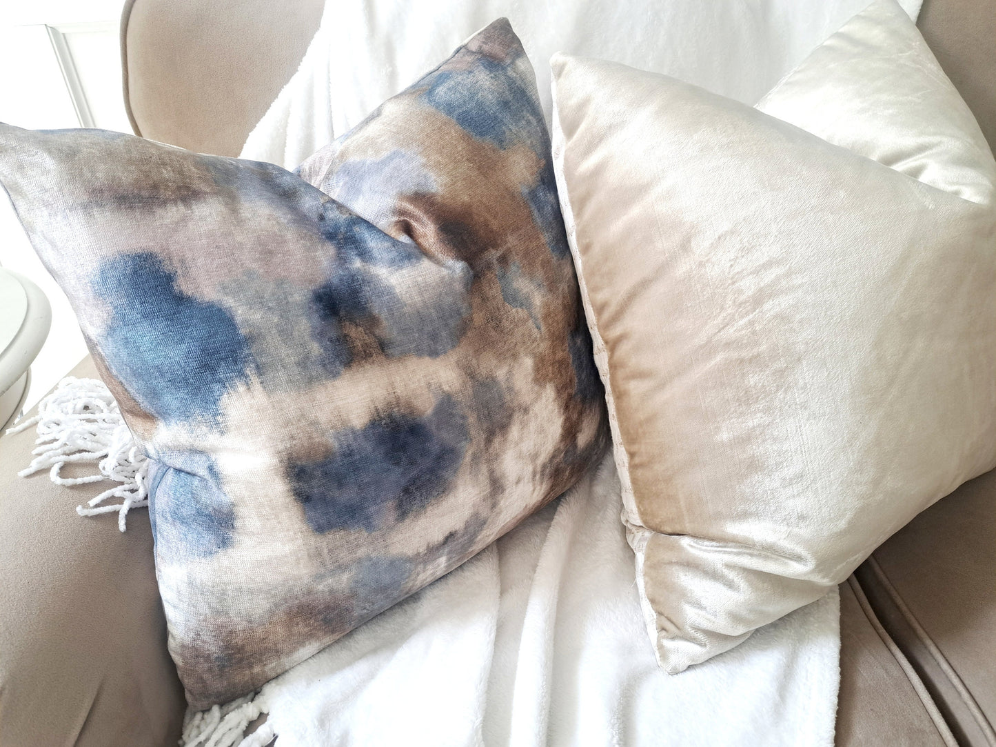 Abstract Blue Cream Brushed Velvet Pillow Cover