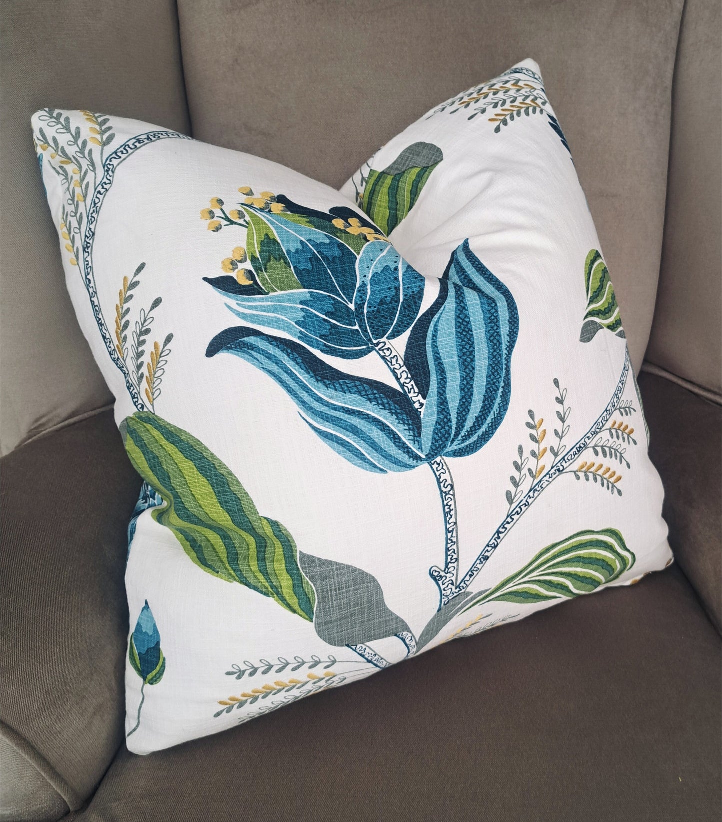 Embroidered Graphic Floral Blue and Green Pillow Cover