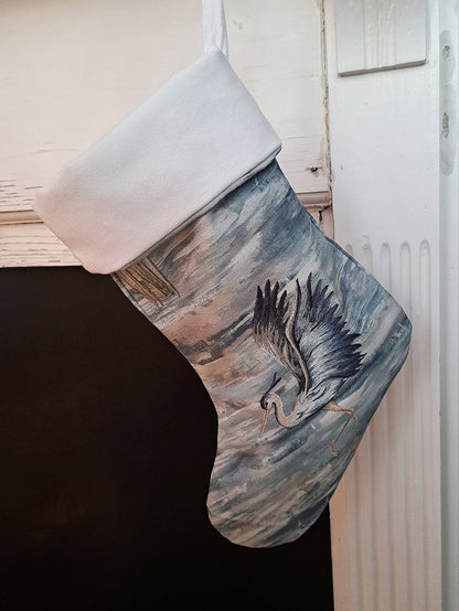 Blue Embroidered Bird Christmas Stocking