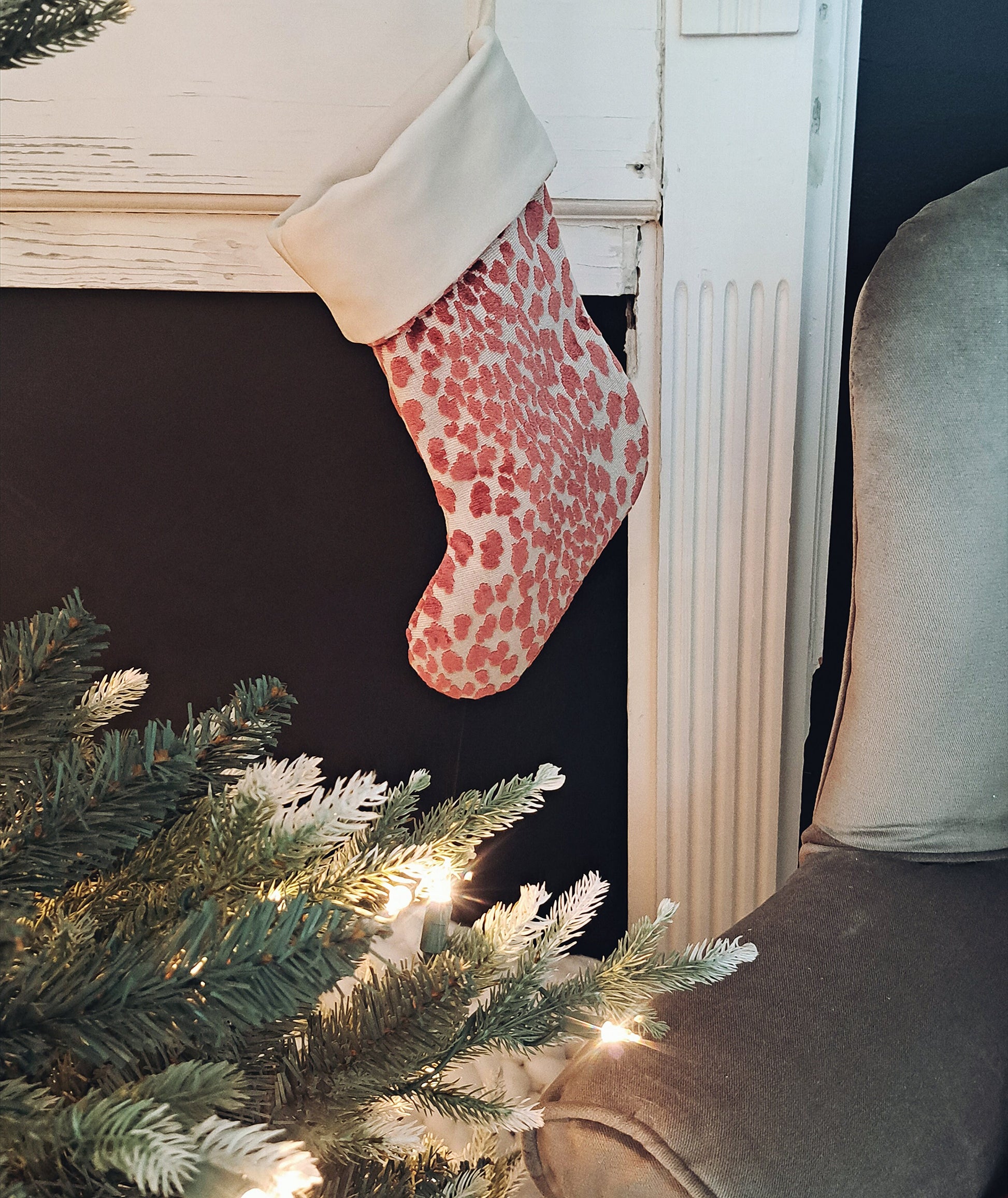 Coral Red Leapard Print Velvet Christmas Stocking