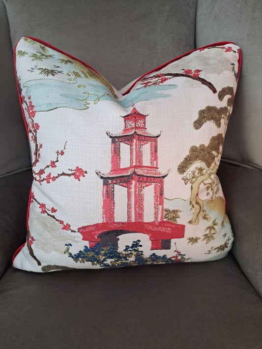 Regal Zen Red Pagoda Print Pillow Cover