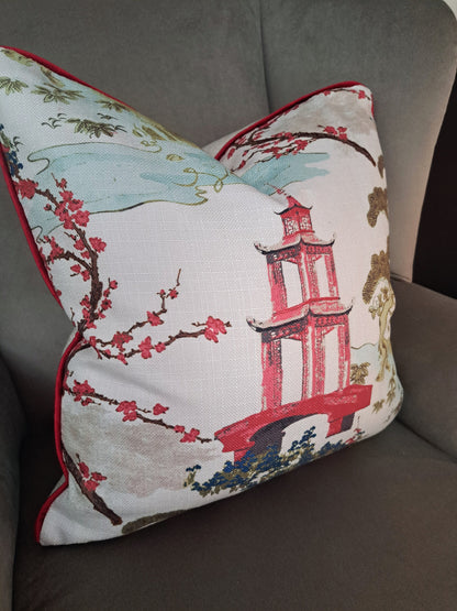 Regal Zen Red Pagoda Print Pillow Cover