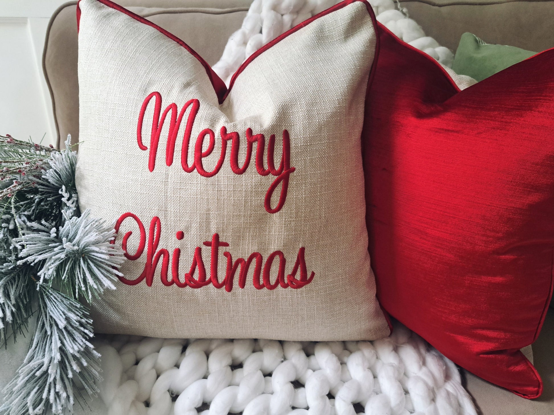 MERRY CHRISTMAS Embroidered Pillow Cover Red Velvet