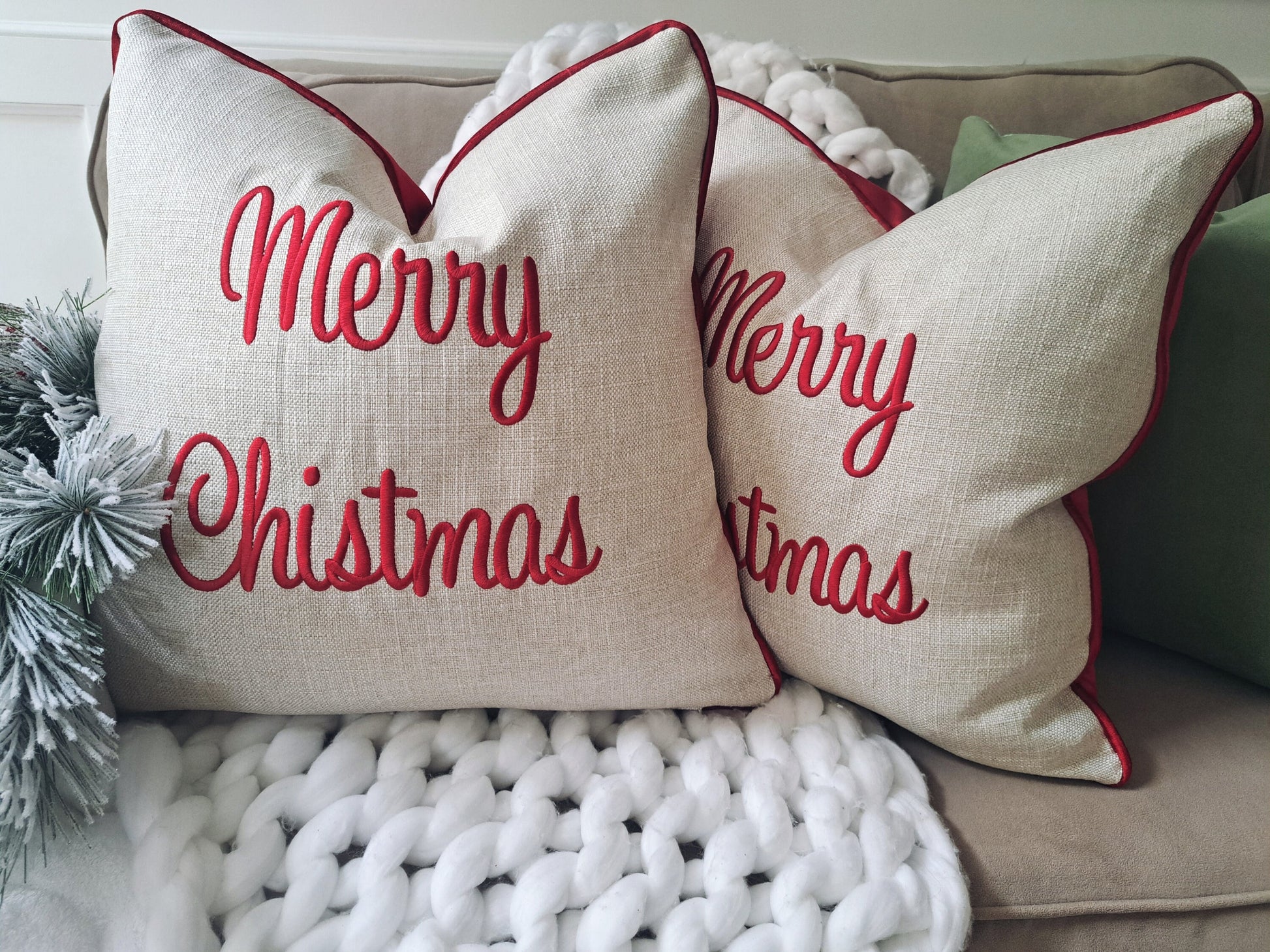 MERRY CHRISTMAS Embroidered Pillow Cover Red Velvet