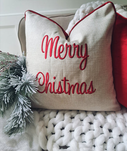 MERRY CHRISTMAS Embroidered Pillow Cover Red Velvet