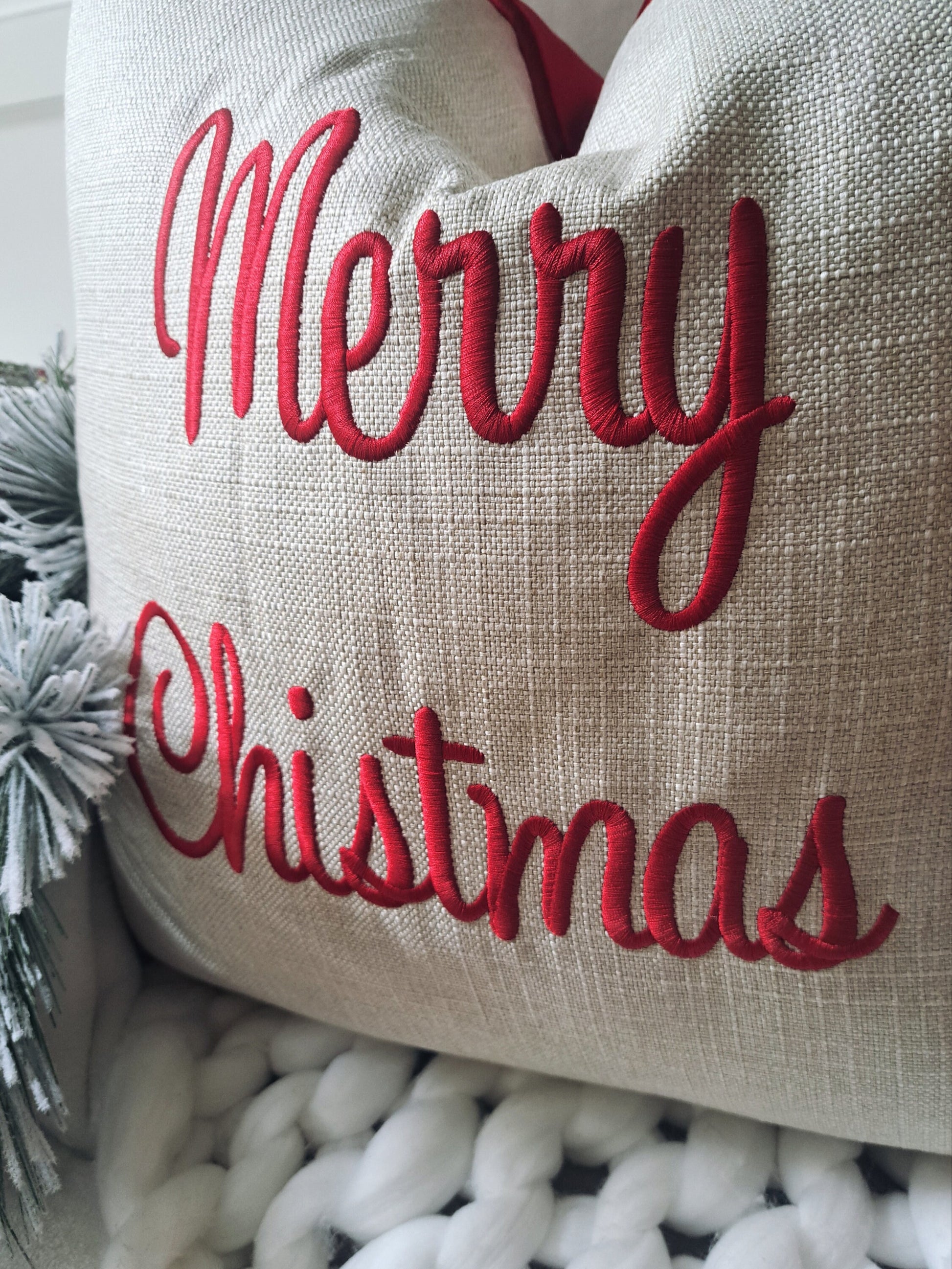 MERRY CHRISTMAS Embroidered Pillow Cover Red Velvet