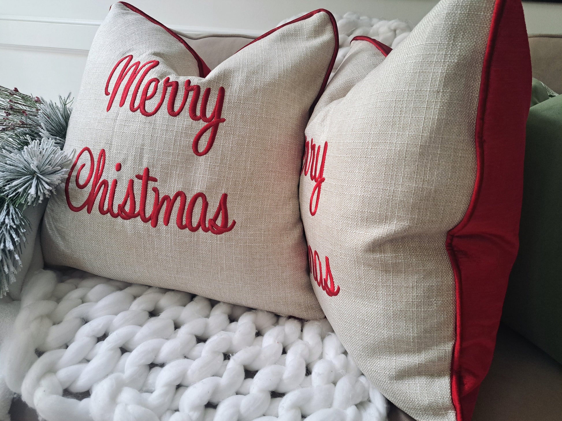 MERRY CHRISTMAS Embroidered Pillow Cover Red Velvet