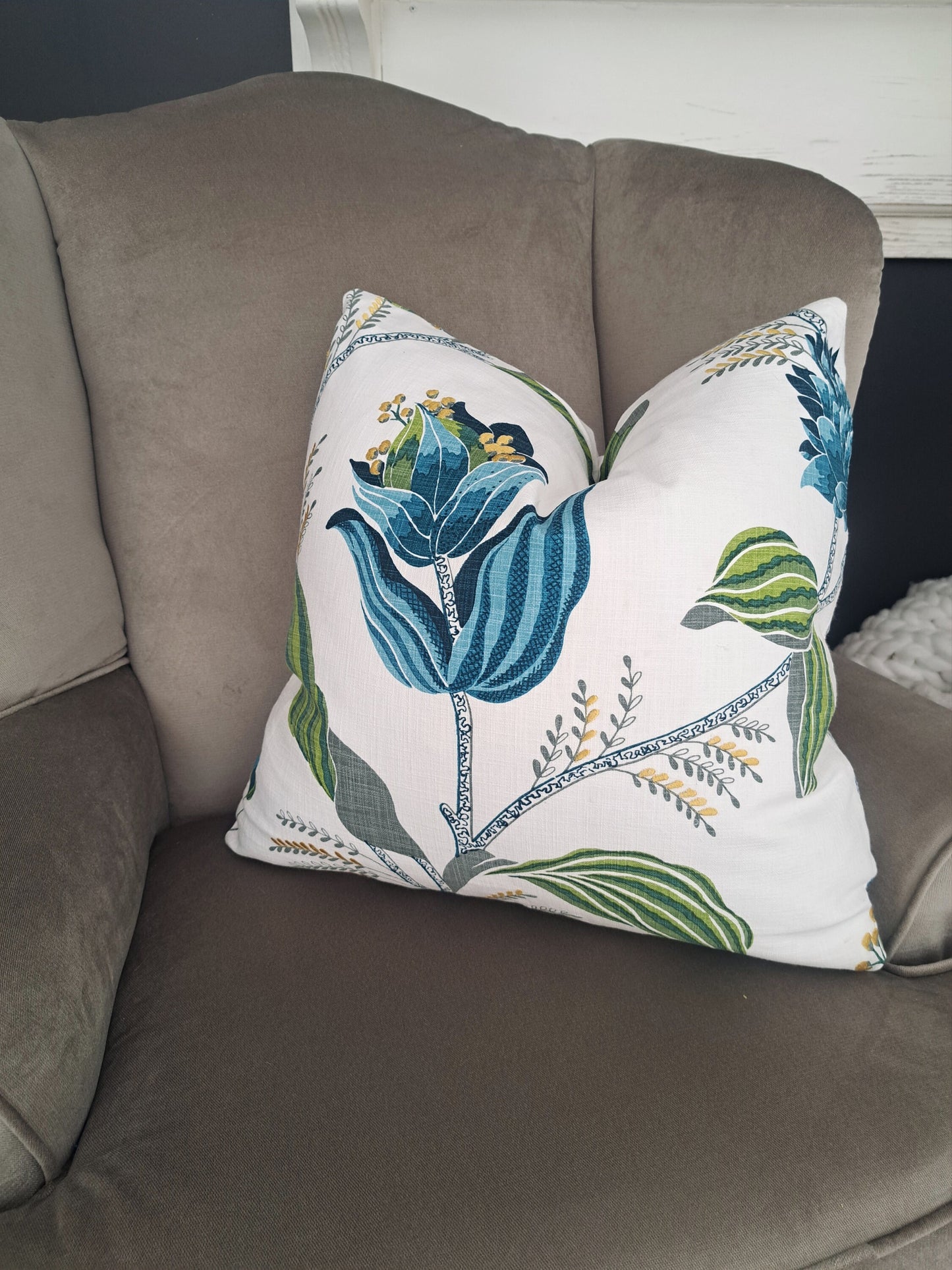 Embroidered Graphic Floral Blue and Green Pillow Cover