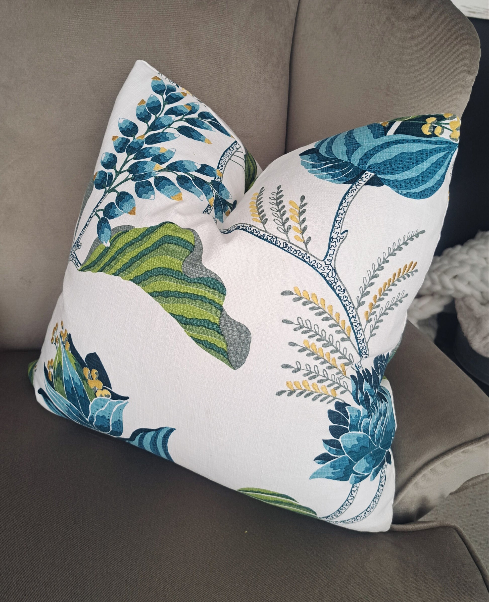 Embroidered Graphic Floral Blue and Green Pillow Cover