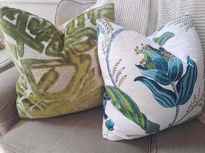 Embroidered Graphic Floral Blue and Green Pillow Cover