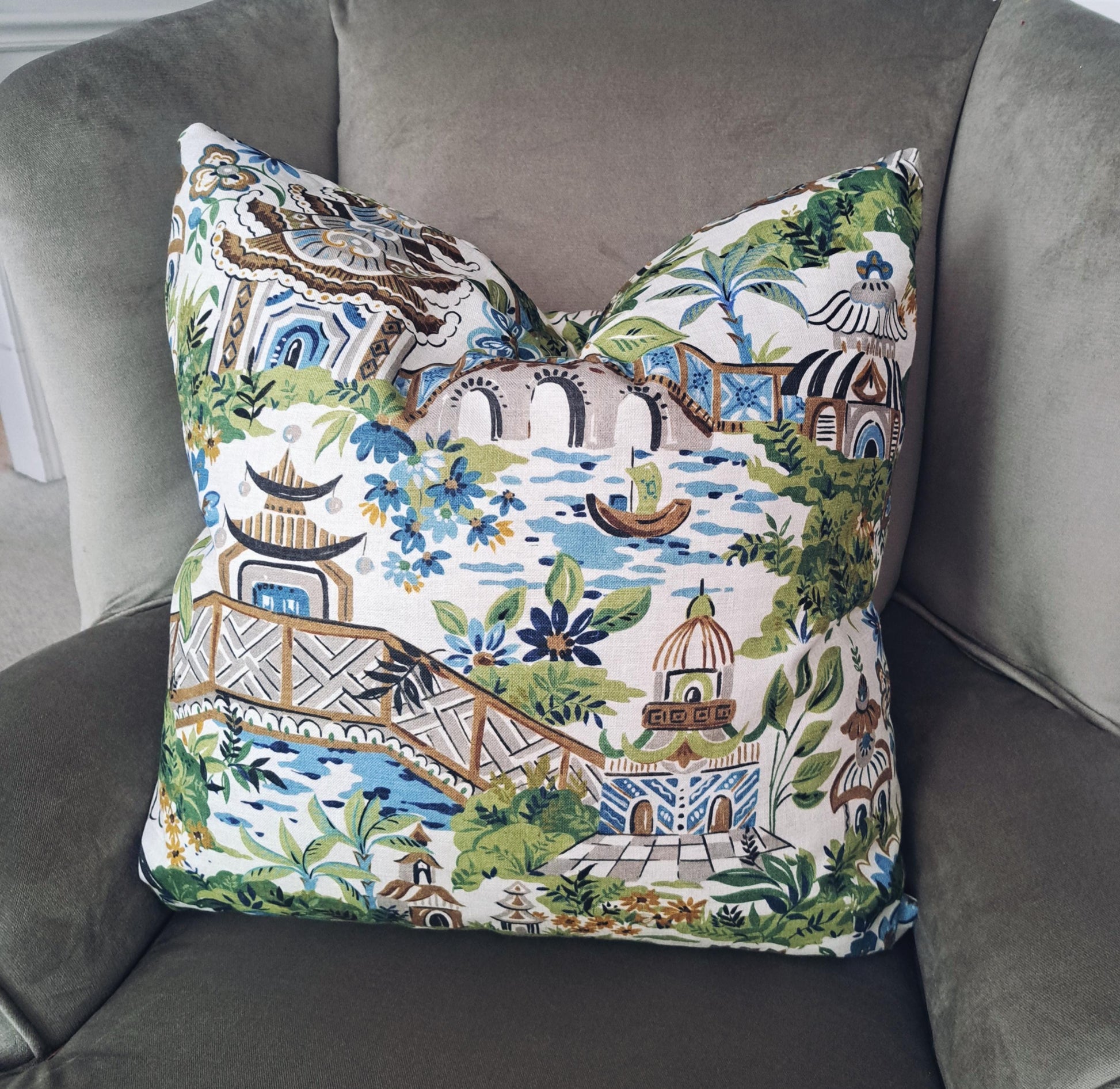 Yakata Ivory Chinoiserie Print Pillow Cover