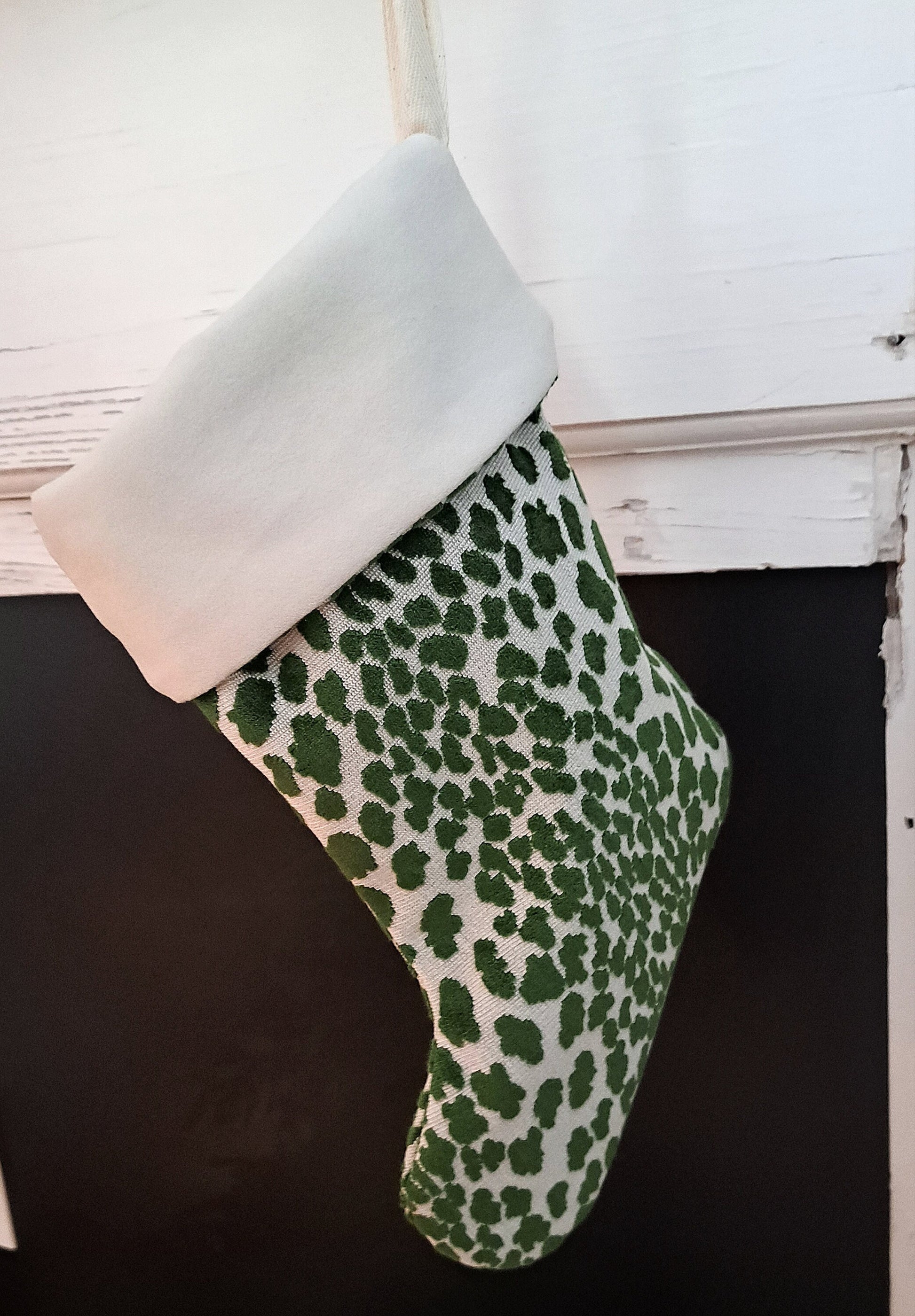 Green Leapard Print Velvet Christmas Stocking