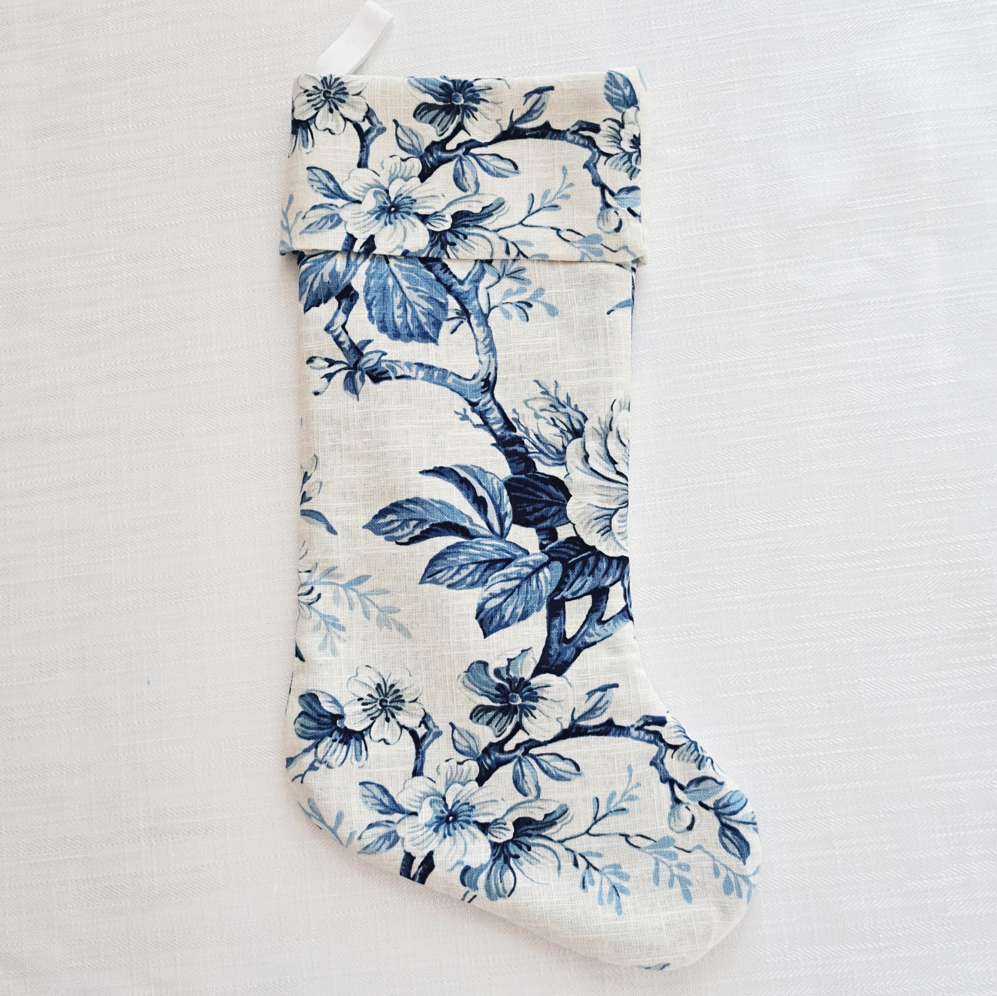 Blue and White Floral Linen Christmas Stocking