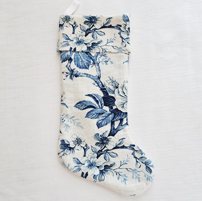 Blue and White Floral Linen Christmas Stocking