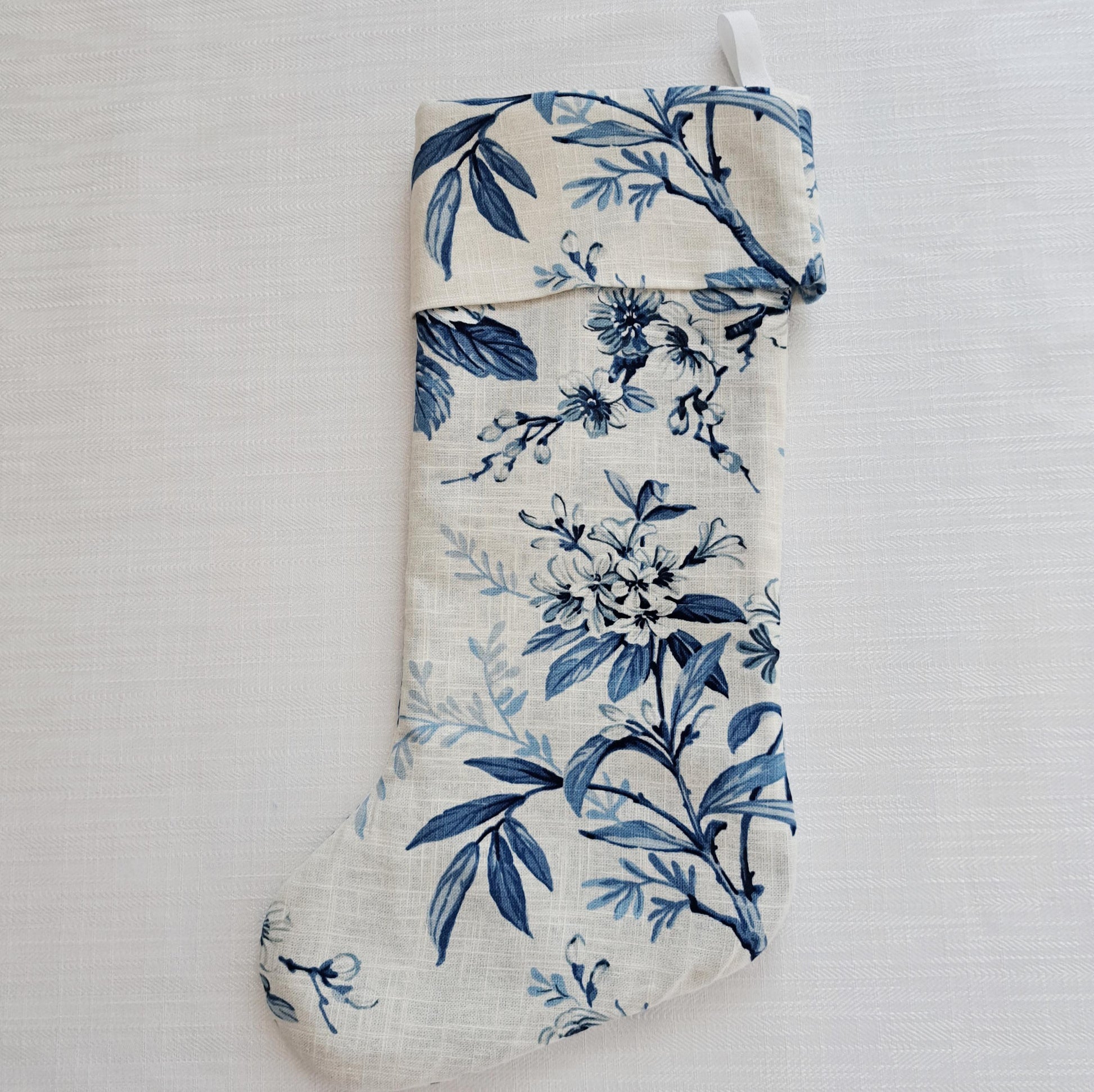 Blue and White Floral Linen Christmas Stocking