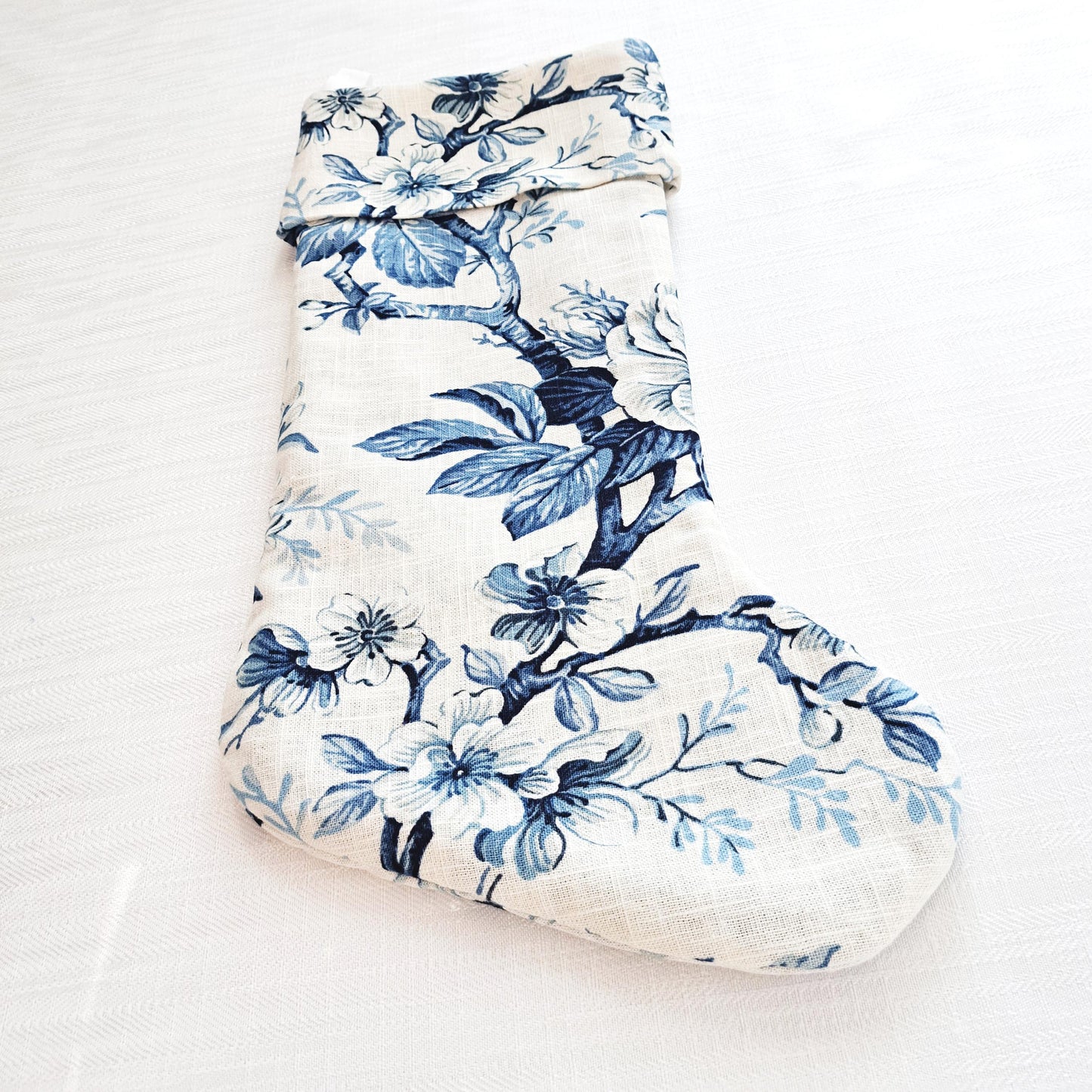 Blue and White Floral Linen Christmas Stocking