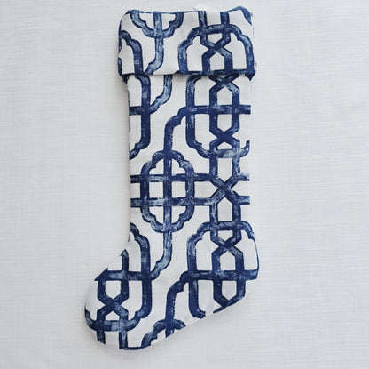 Blue and White Print Christmas Stocking