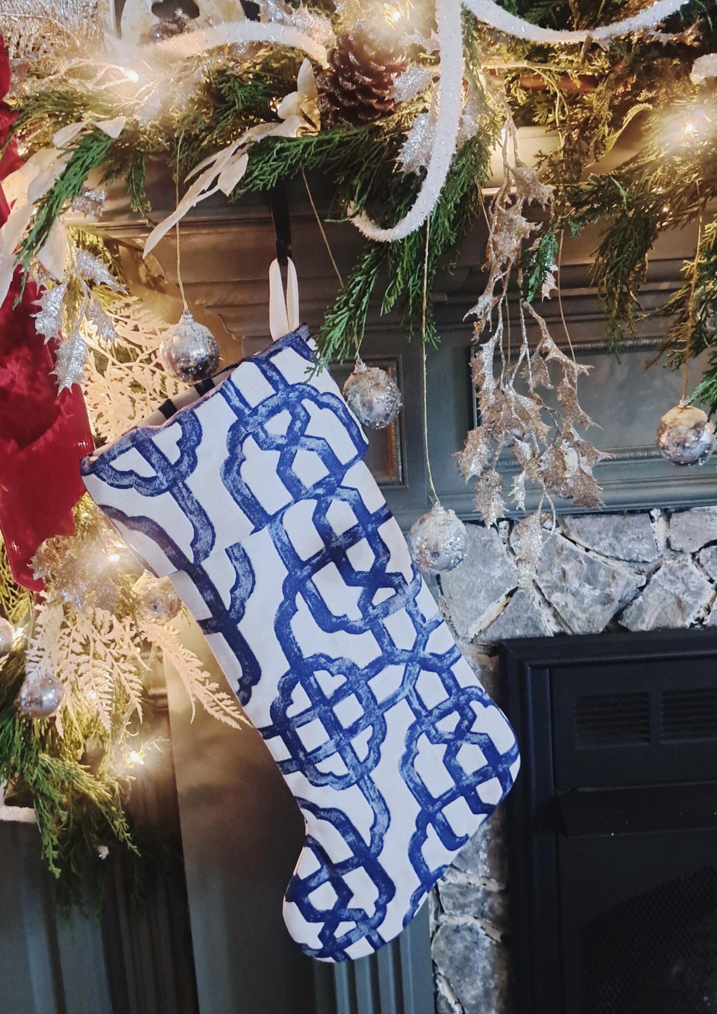 Blue and White Print Christmas Stocking