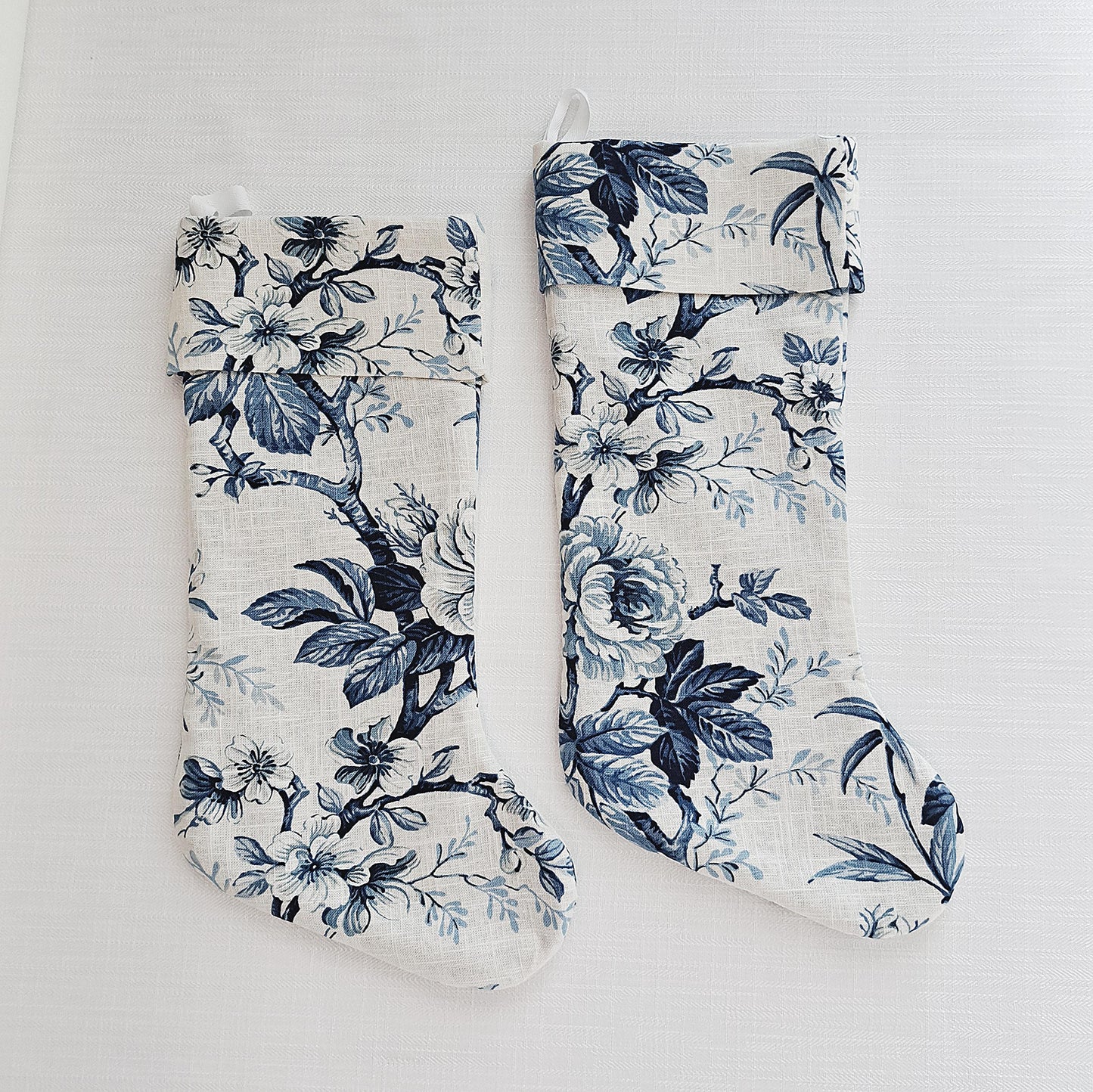 Blue and White Floral Linen Christmas Stocking