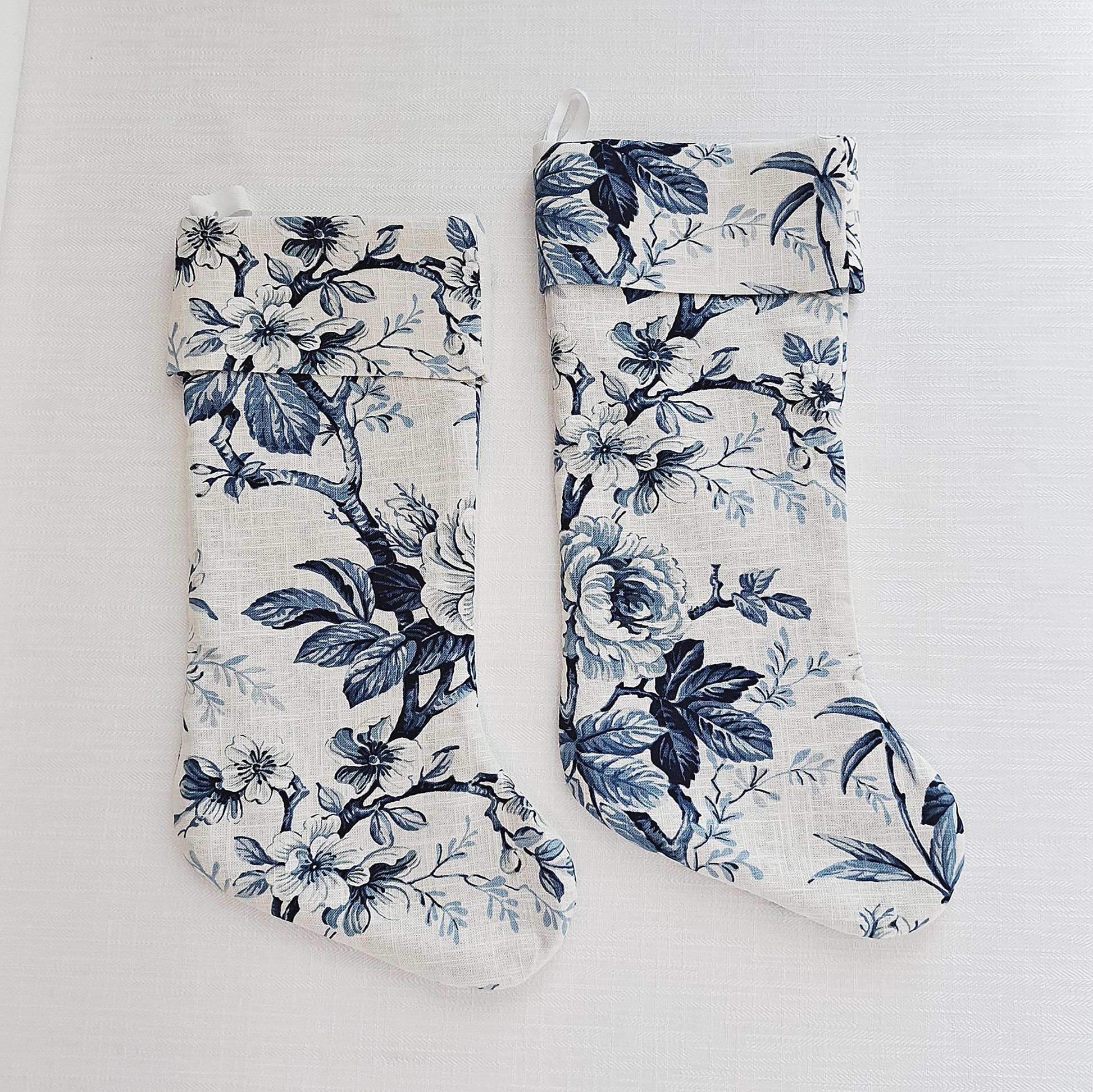 Blue and White Floral Linen Christmas Stocking