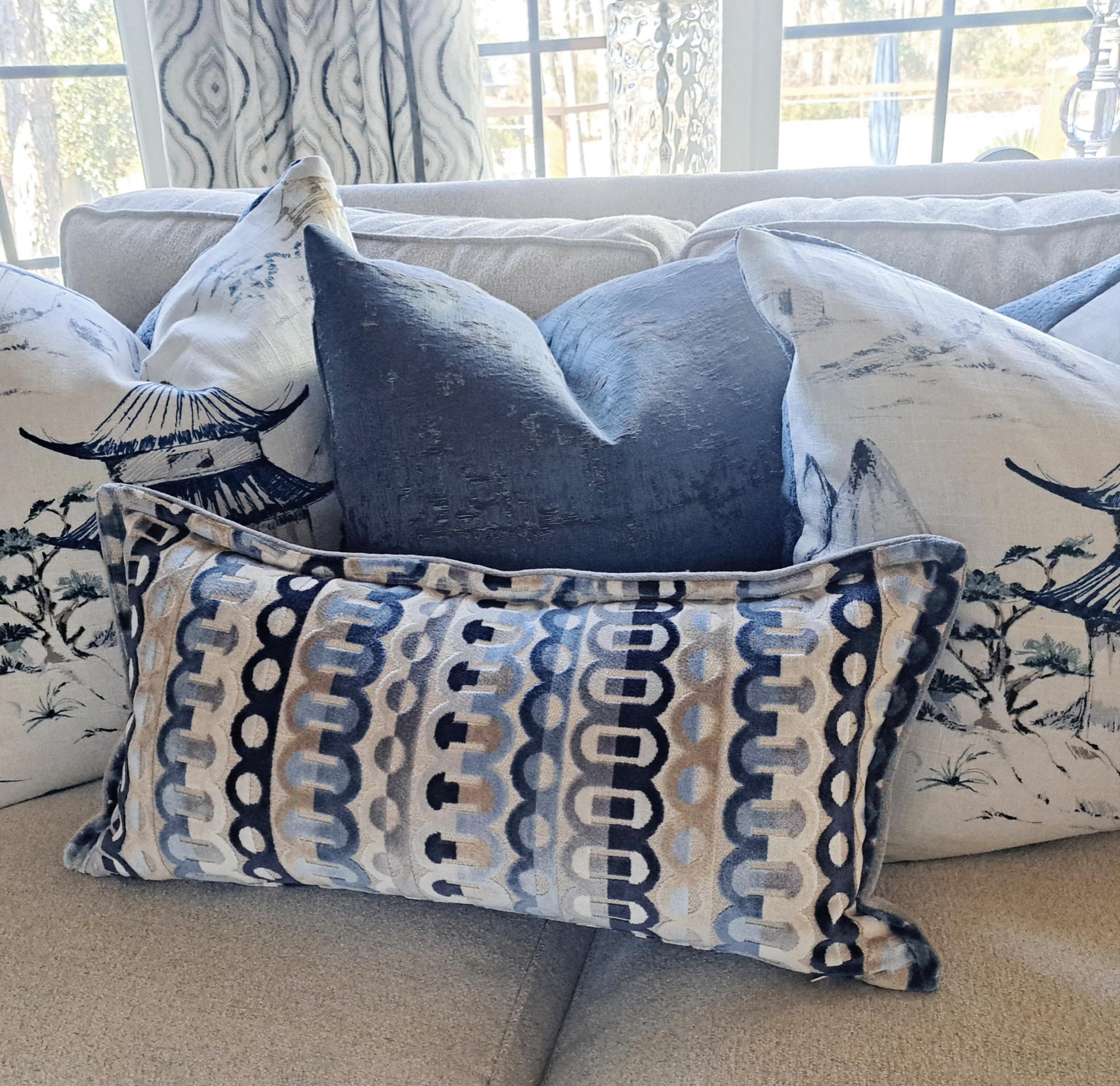 Bernina Blue Grey Stripe Velvet Pillow Cover