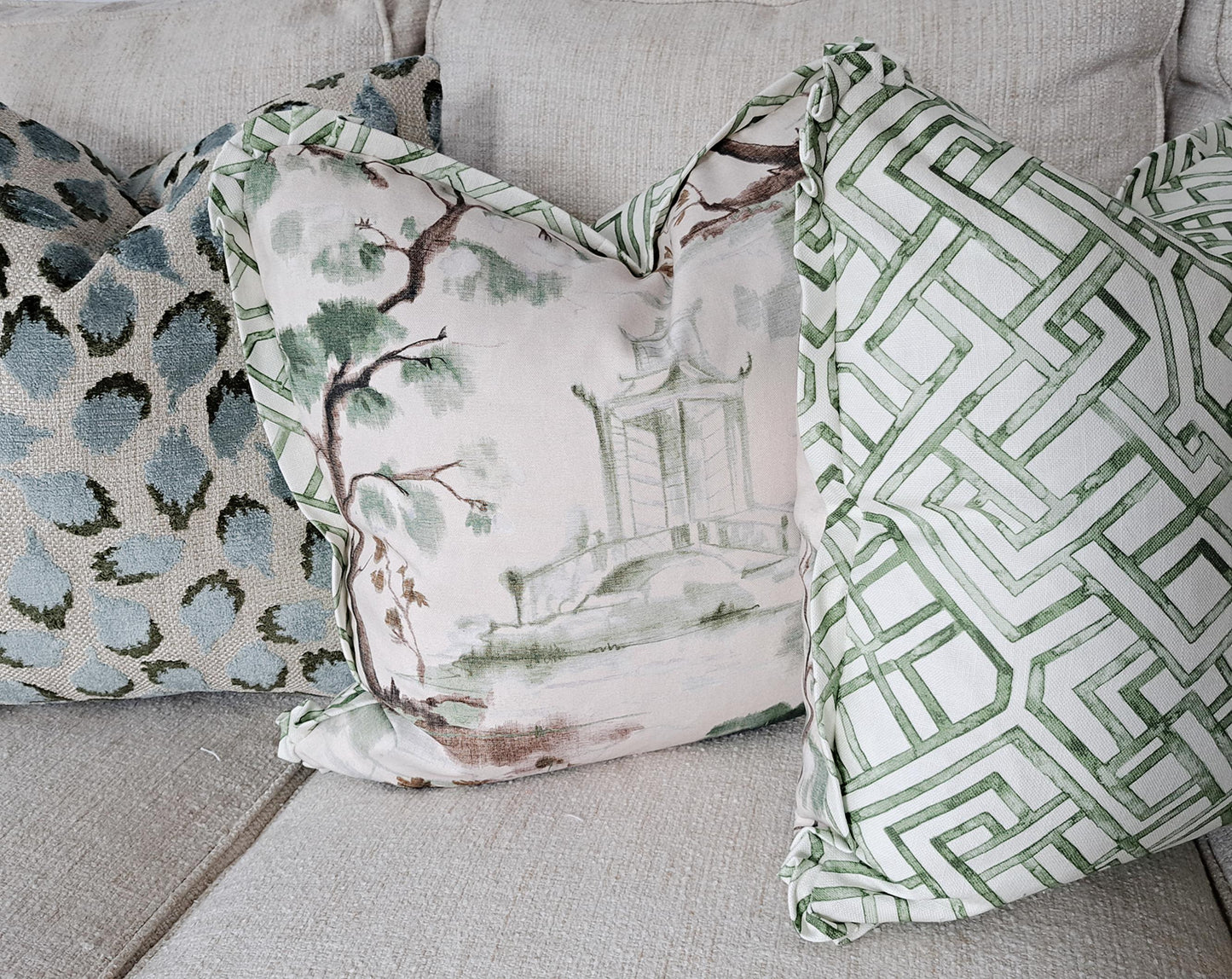 Beige and Green Pagoda Print Pillow