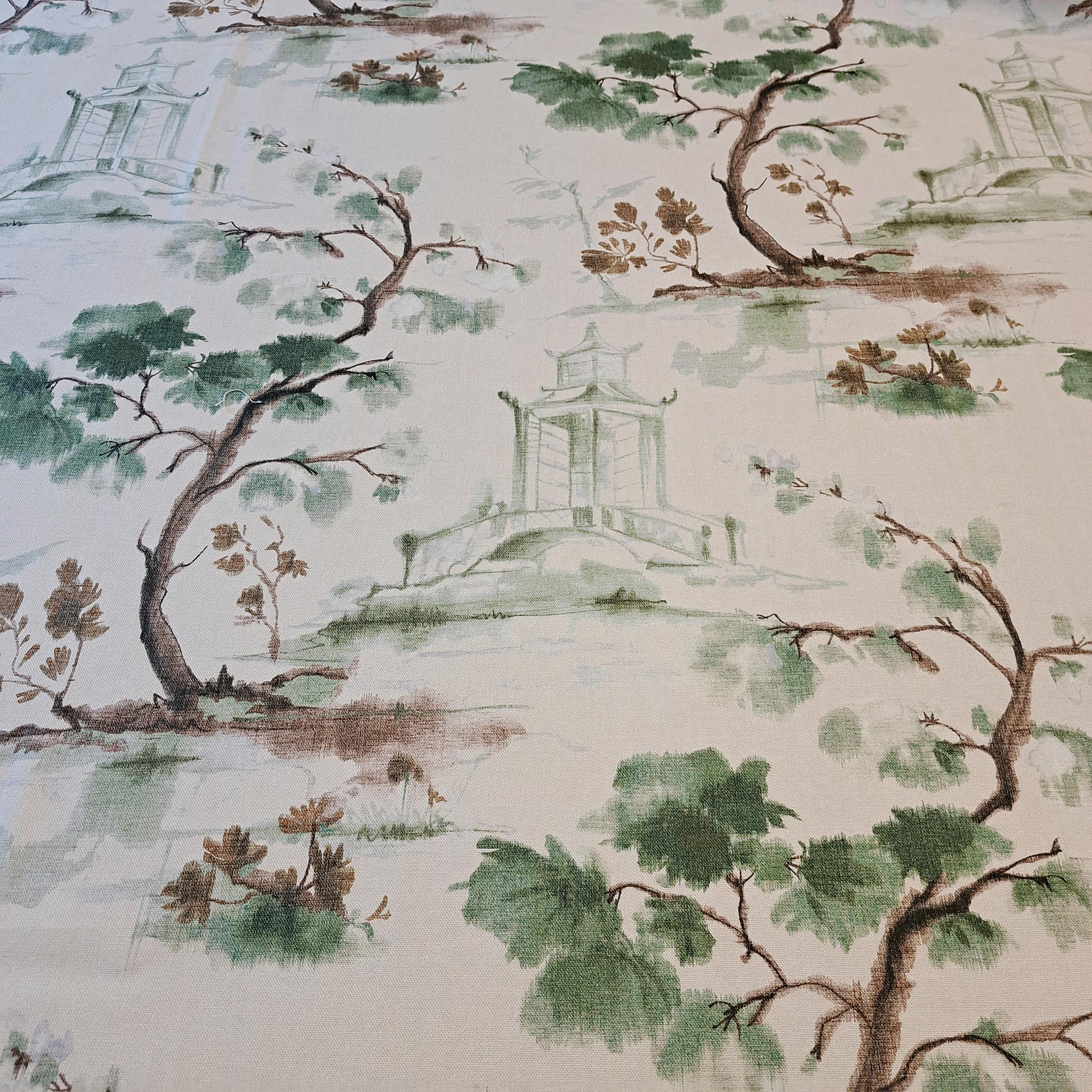 Beige and Green Pagoda Print Pillow