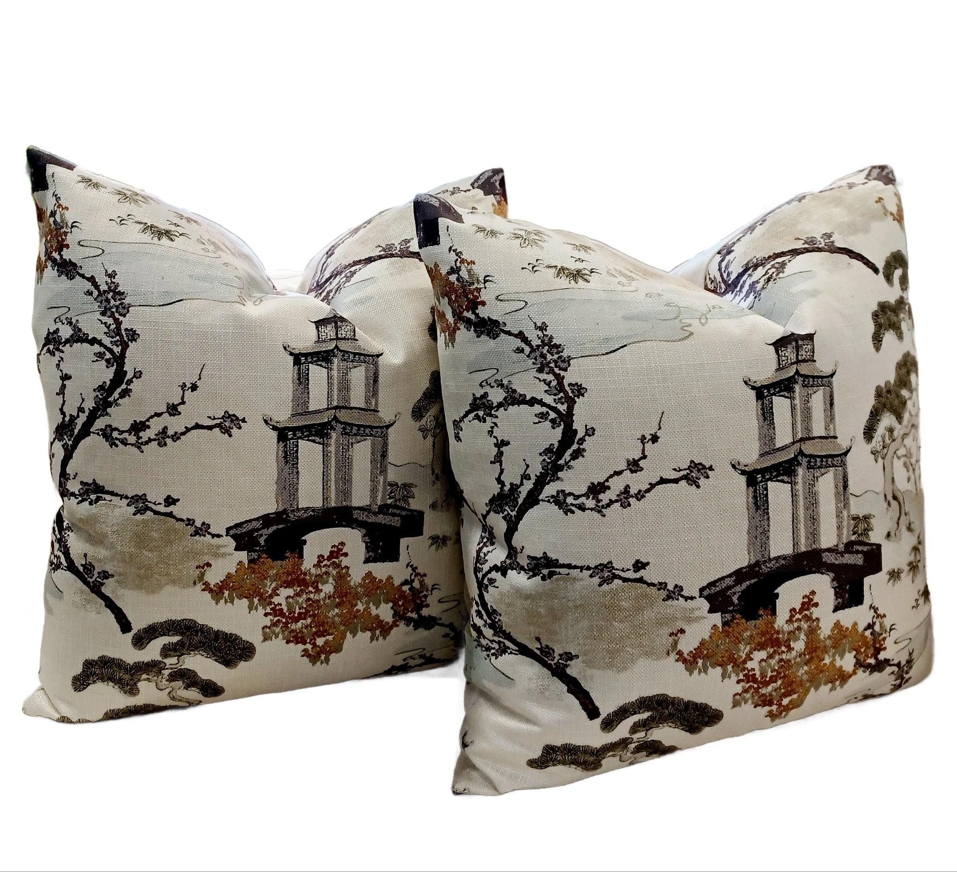 Neutral Pagoda Chinoiserie Print pillow cover