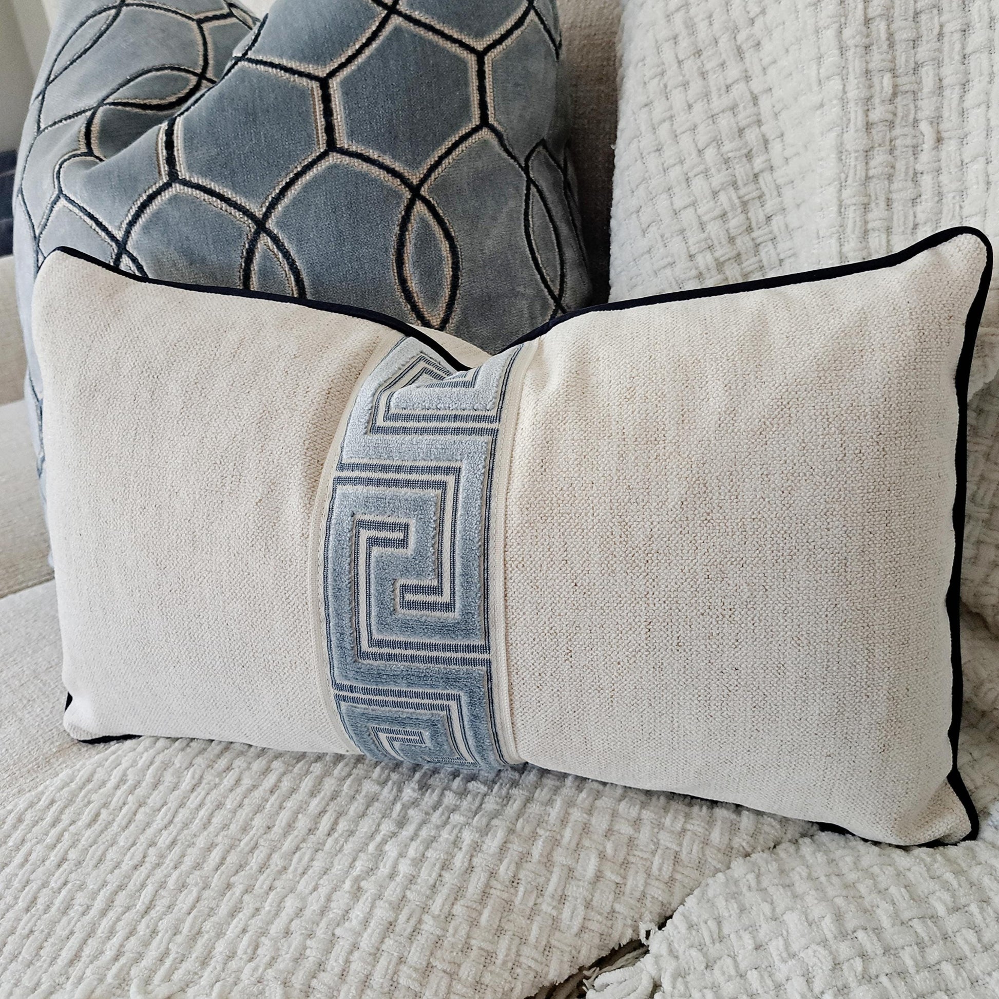 Greek Key Blue and Cream Pillow Cover