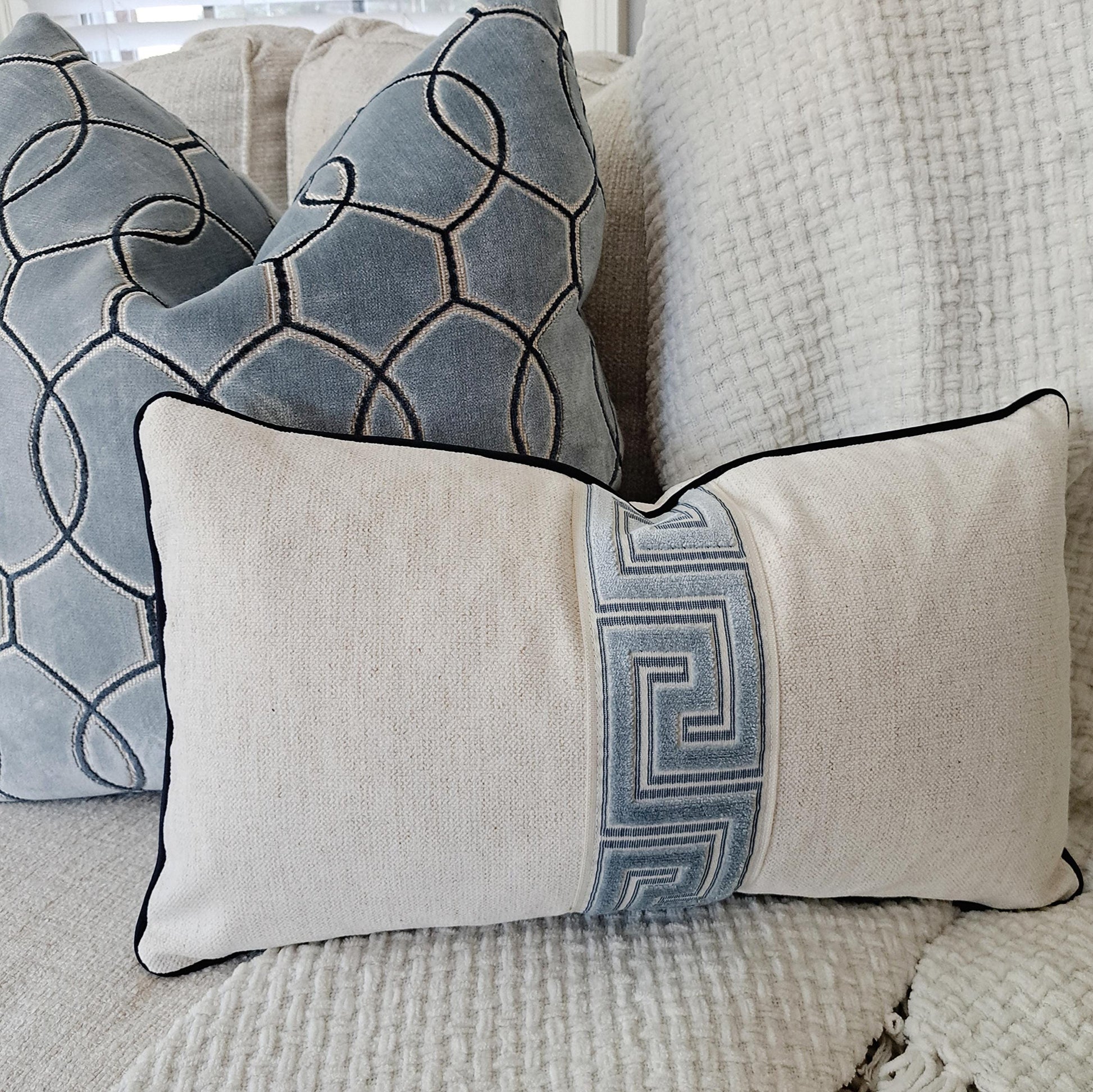 Greek Key Blue and Cream Pillow Cover