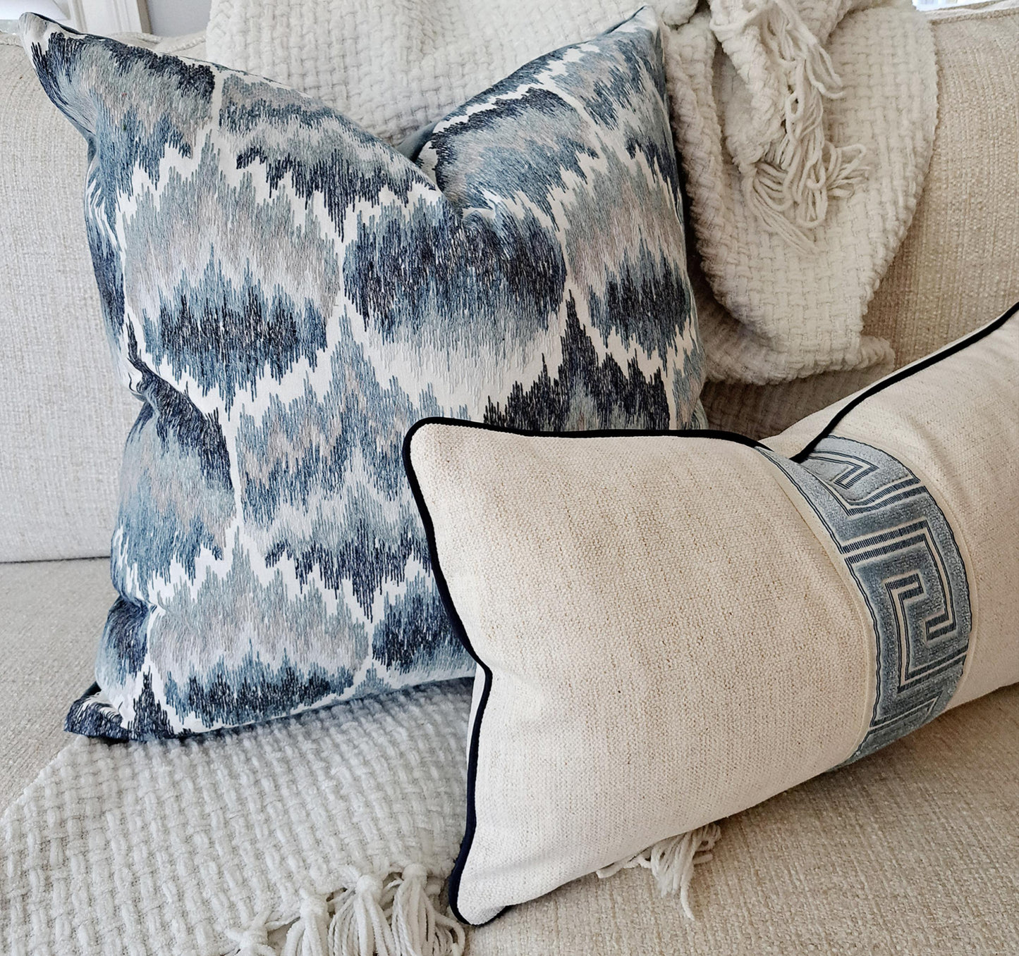 Greek Key Blue and Cream Pillow Cover