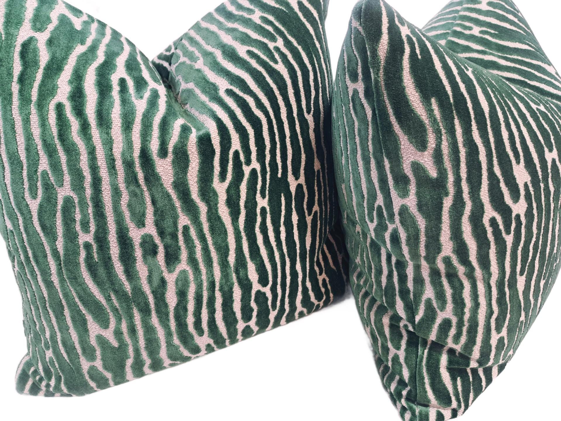 Emerald green cut velvet abstract strip pillow cover