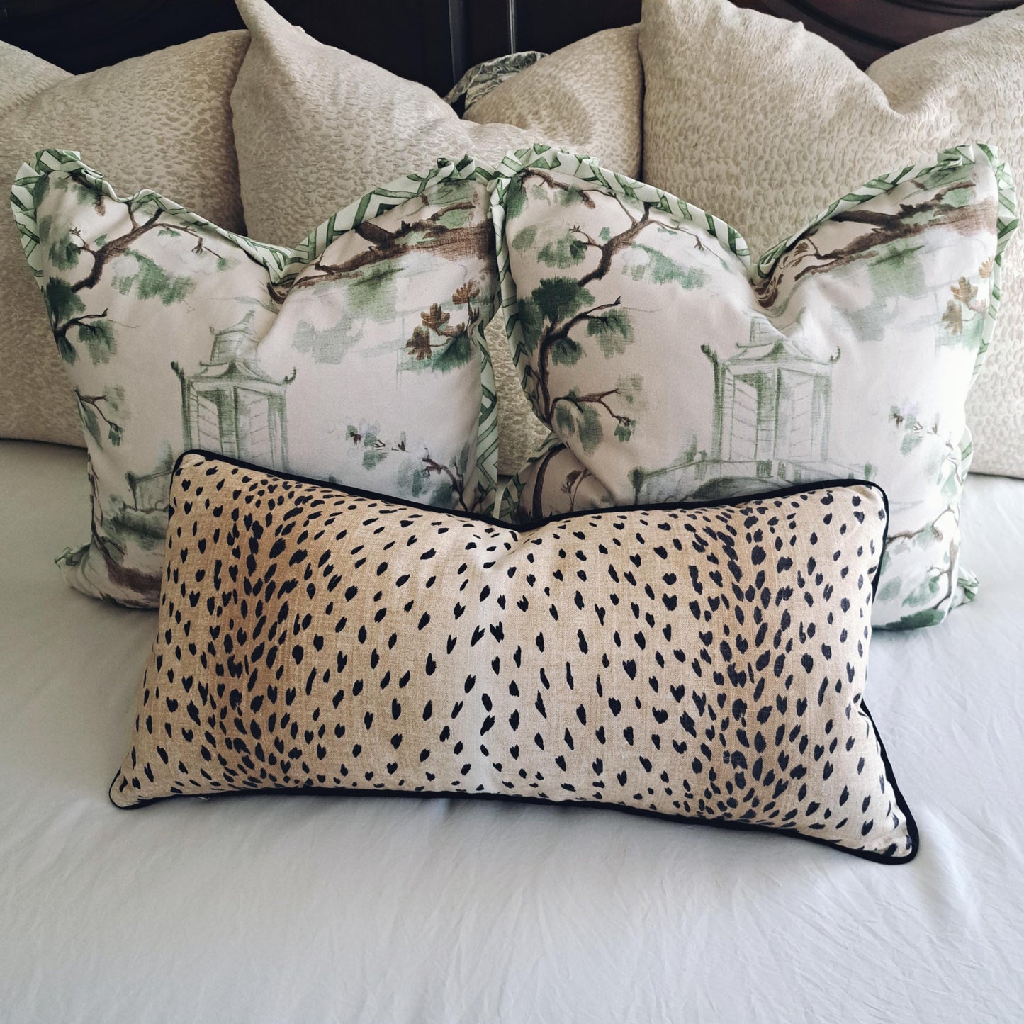 Beige and Green Pagoda Print Pillow