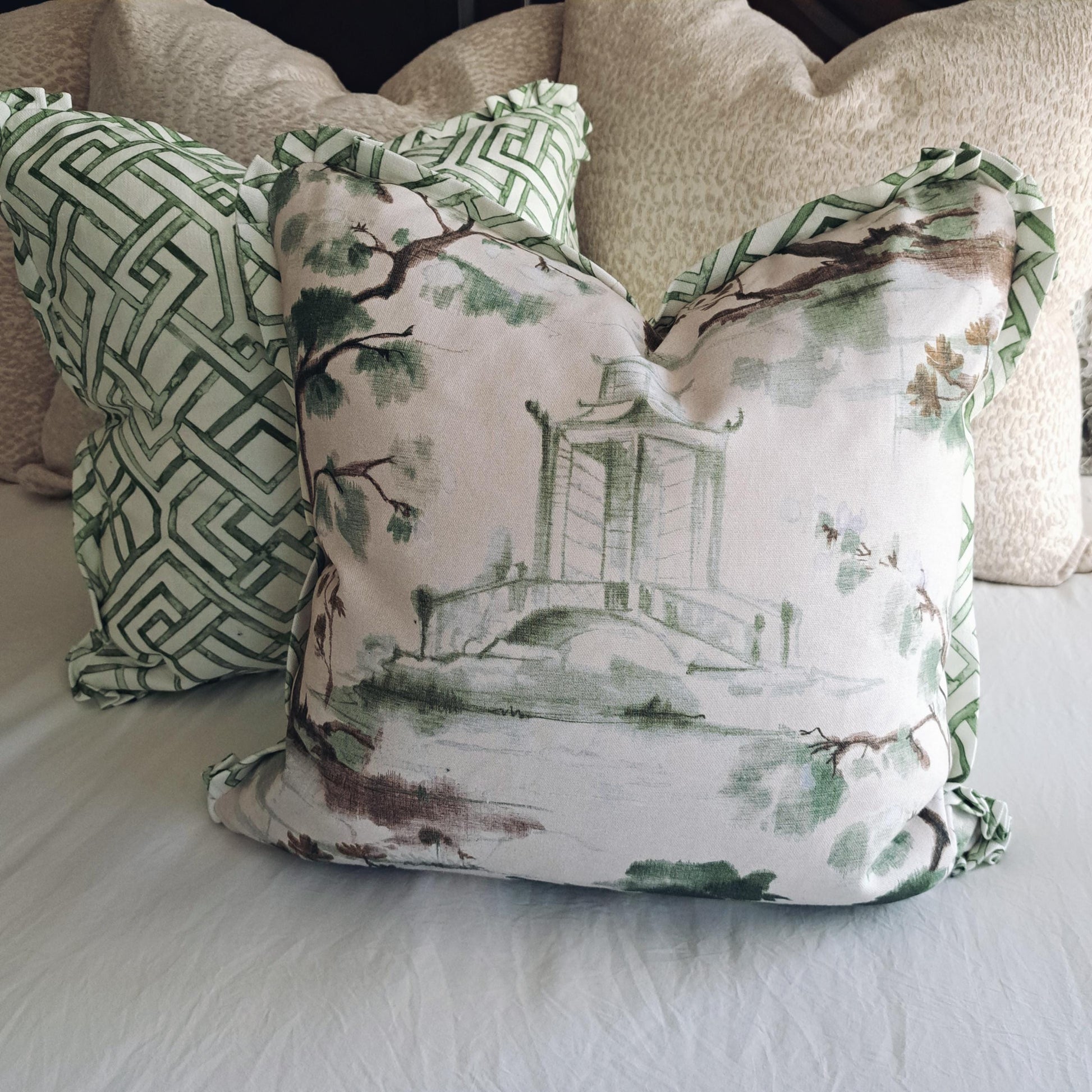 Beige and Green Pagoda Print Pillow