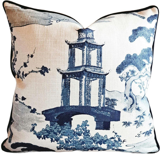 BLUE and white pagoda Chinoiserie print pillow cover