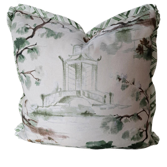 Beige and Green Pagoda Print Pillow