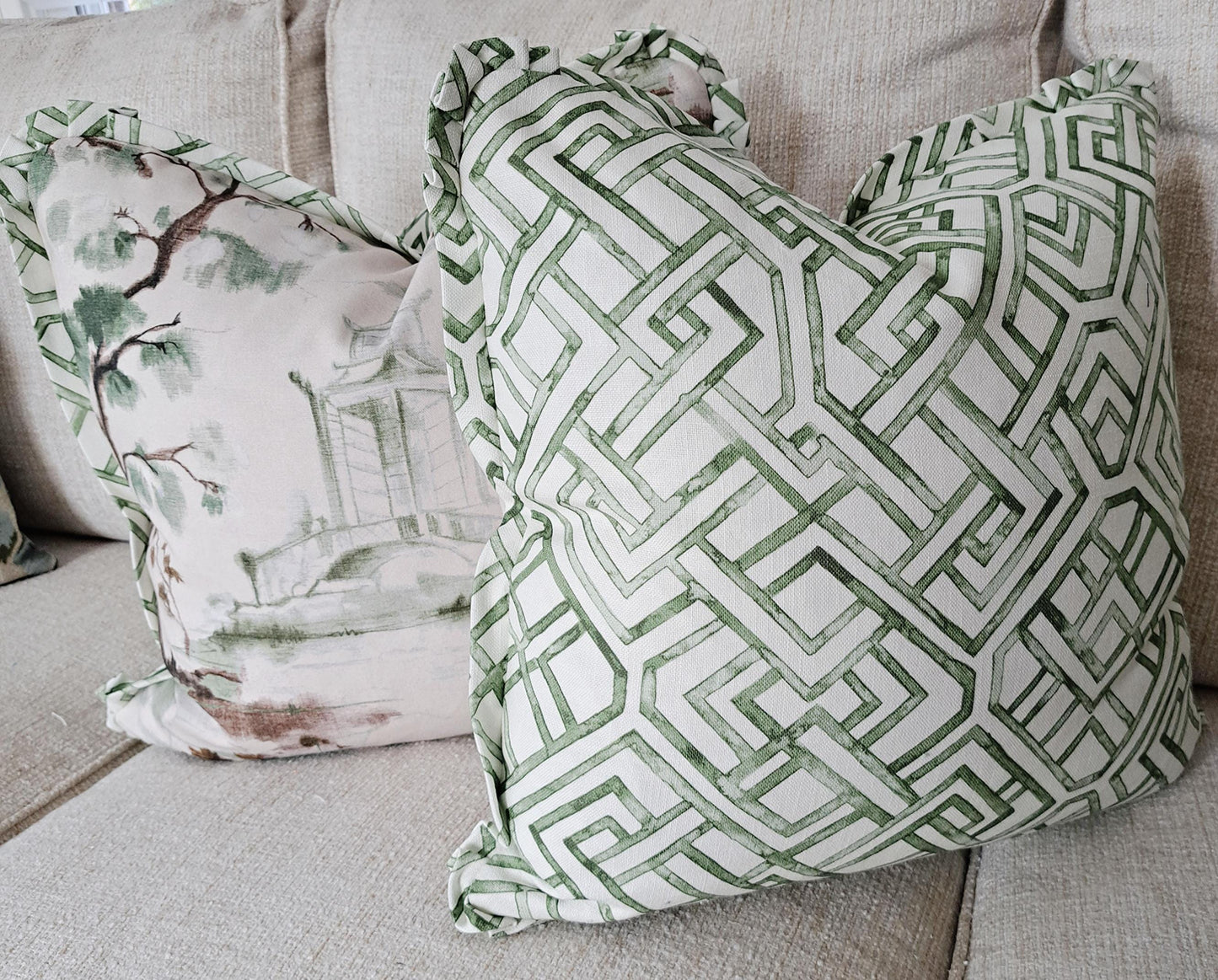 Beige and Green Pagoda Print Pillow