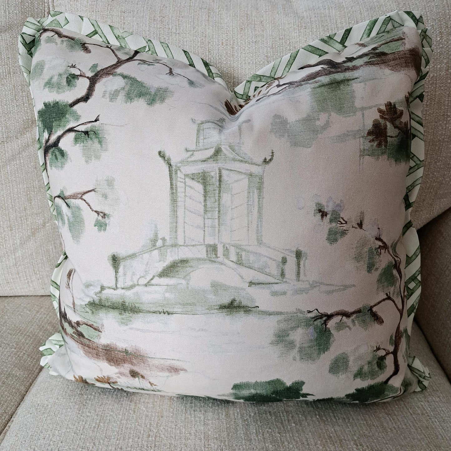 Beige and Green Pagoda Print Pillow