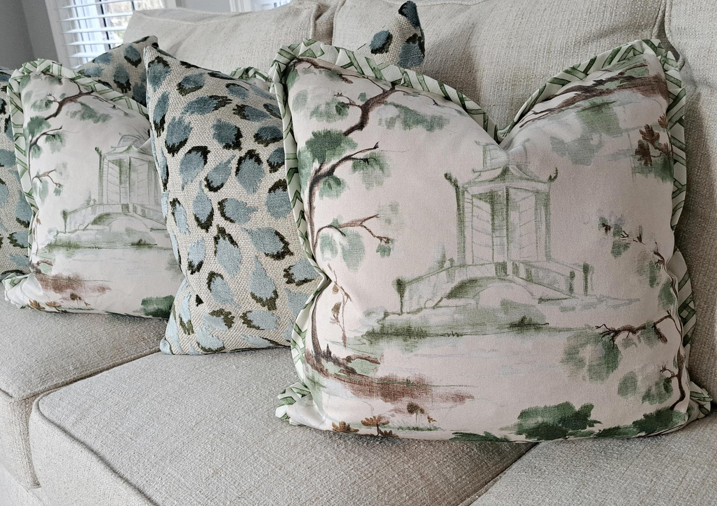 Beige and Green Pagoda Print Pillow